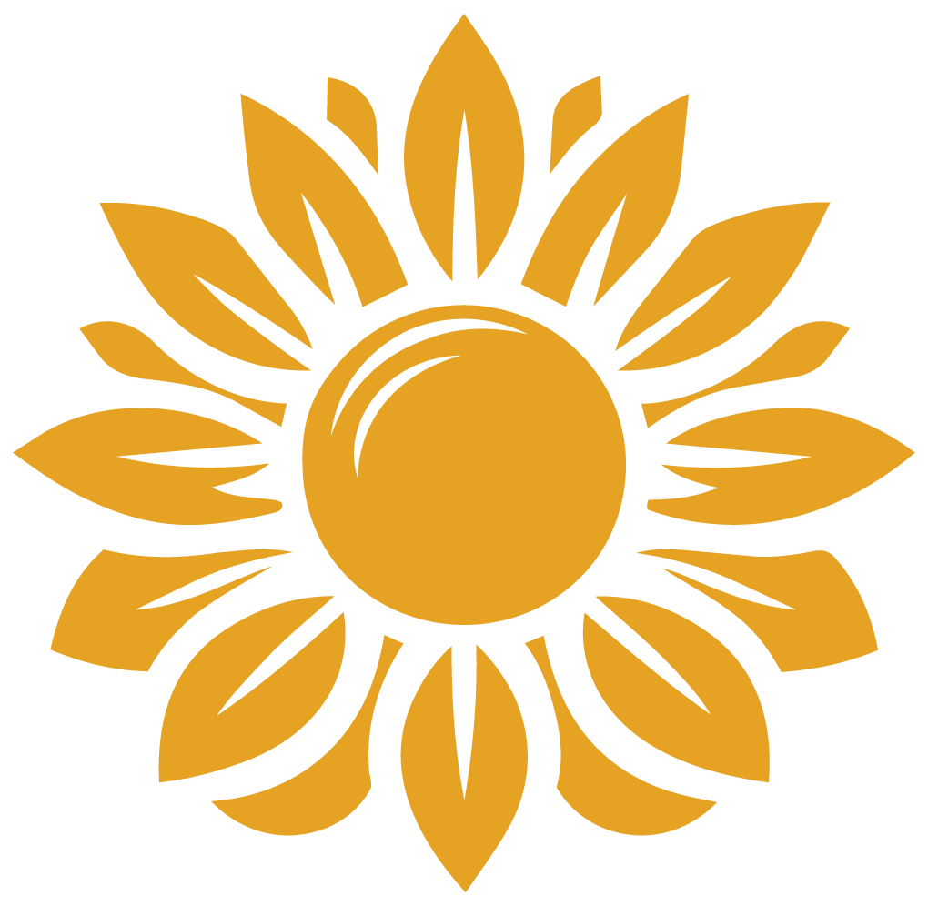 Gold sunflower logo with a circular center and 16 petals on a black background.