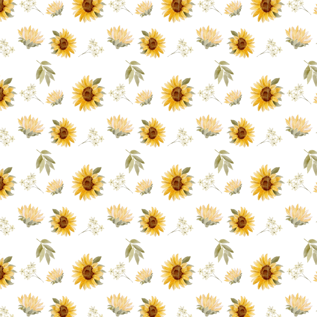 Pattern of sunflowers, leaves, and small white flowers on a white background.