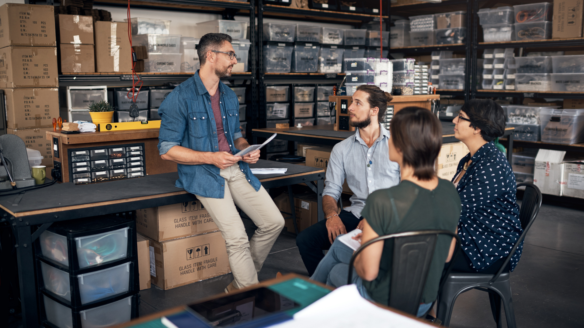 Group of people having a meeting in a warehouse, with shelves filled with boxes and storage bins in the background.