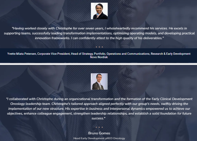 Quote from Yvette Miata Petersen, corporate vice president, about her collaboration with Christophe, with her name and title beneath. Quote from Bruno Gomes, head of early development pRED oncology, about his work with Christophe, with his name and title beneath.