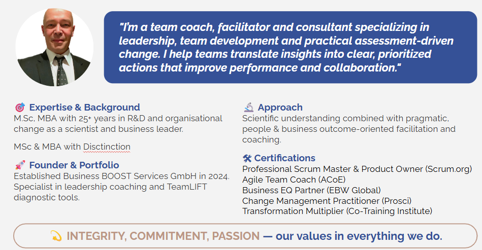 A professional profile featuring a man in a suit and tie next to a quote highlighting expertise in leadership, team development, and practical assessment-driven change, with sections detailing his background, approach, certifications, and core values.