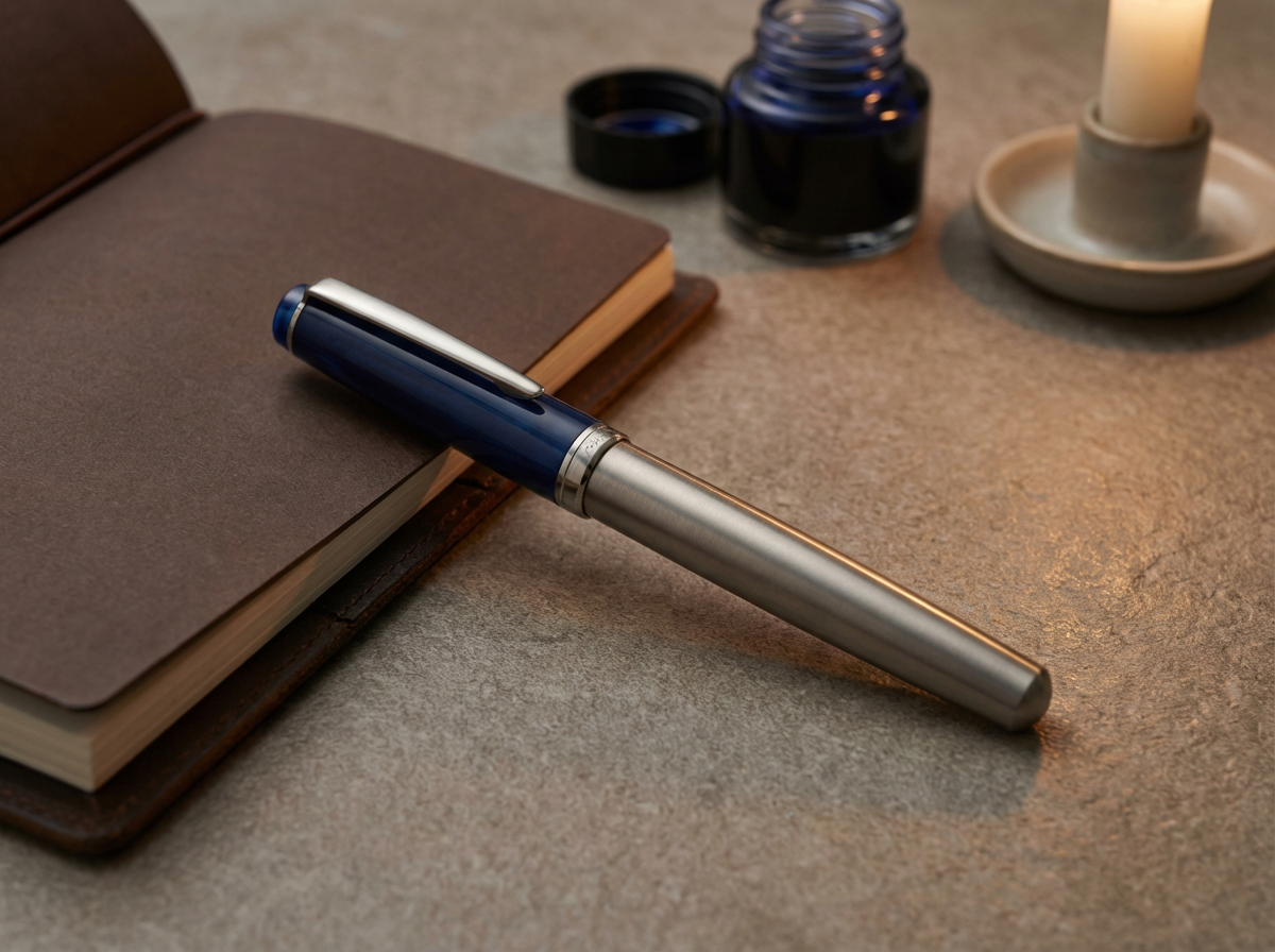 An open notebook with a blue and silver pen resting on it, next to a glass inkwell and a white candle on a gray textured surface.