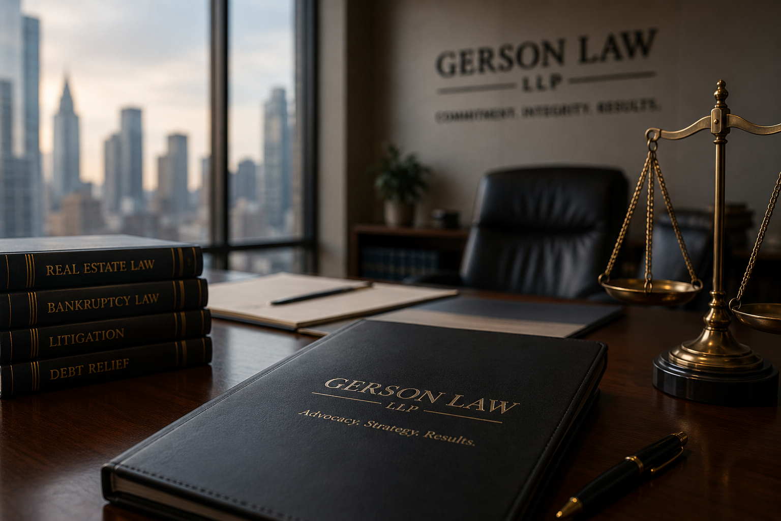 A lawyer's office with legal books titled 'Real Estate Law,' 'Bankruptcy Law,' 'Litigation,' and 'Debt Relief' stacked on a wooden desk. A black folder with 'Gerson Law LLP' and the words 'Advocacy. Strategy. Results.' lies on the desk. A pair of glasses and a pen are also present. In the background, large windows reveal a city skyline, and a wall sign reads 'Gerson Law LLP.'