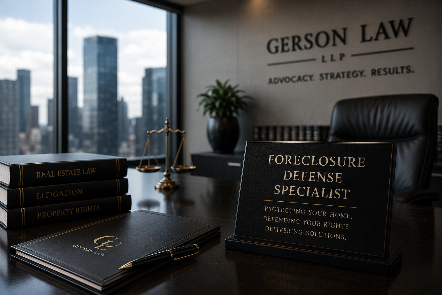 Office with Gerson Law LLP sign, law books on real estate, litigation, property rights, a placeholder sign for foreclosure defense specialist, and city skyline window.