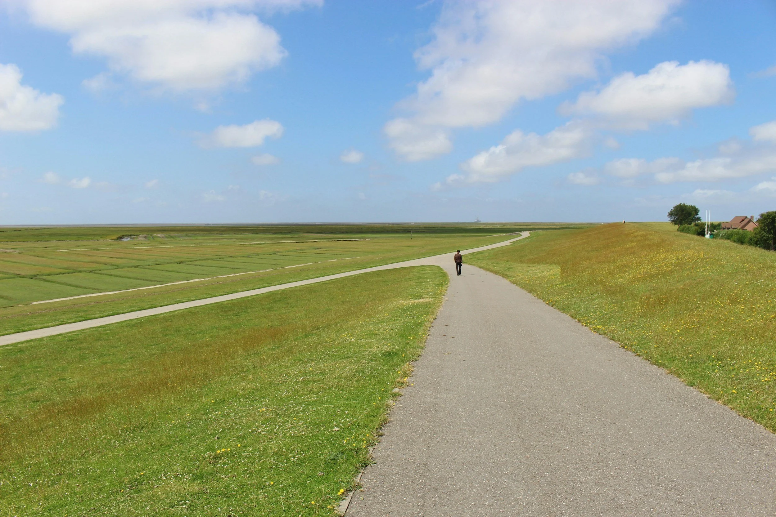 A person walking on a winding paved path through a green field under a partly cloudy blue sky, with a few houses and trees in the background.