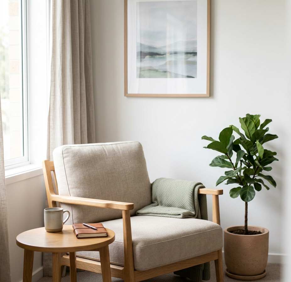 Cozy living room corner with a beige armchair, a small round wooden side table with a ceramic mug, a notebook, and a pen, a green blanket, a potted plant, a window with beige curtains, and a framed landscape painting.