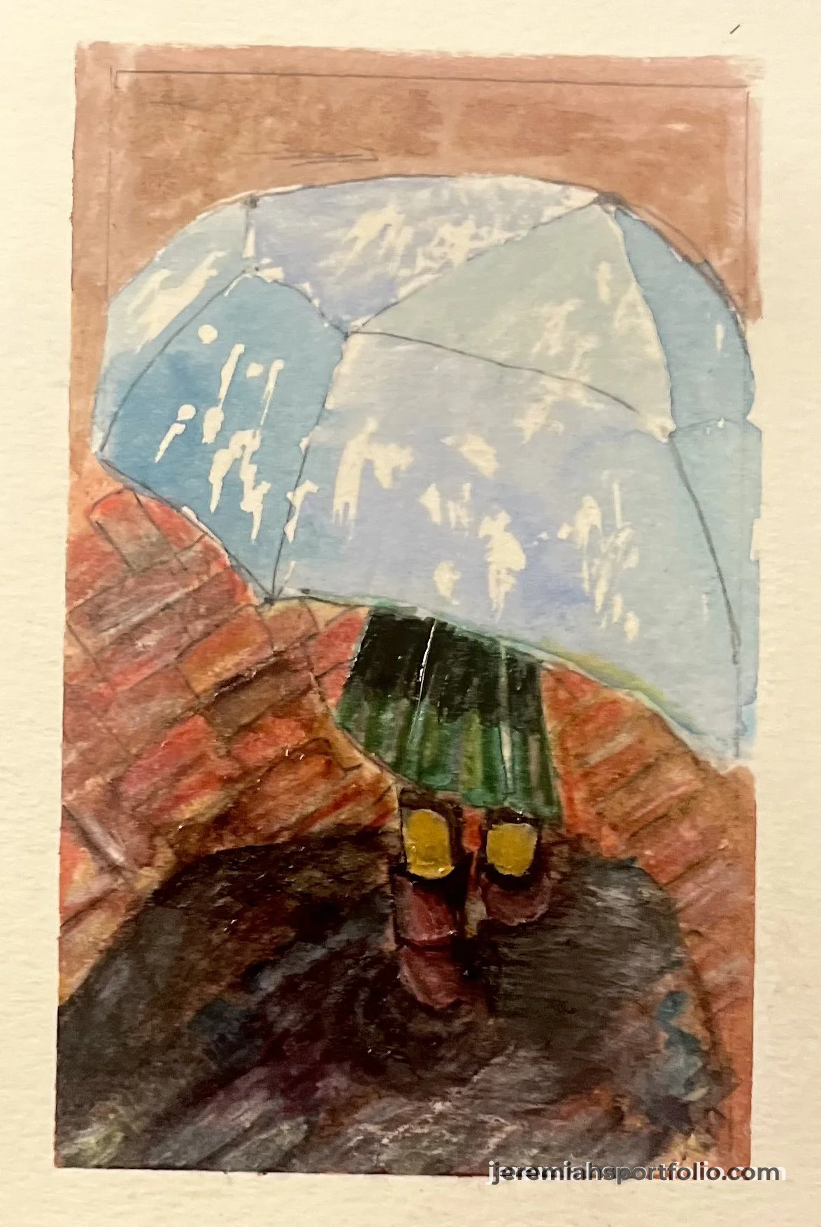 Child in brown shoes and a green and black striped coat walking on wet brick pavement, holding a blue umbrella with white streaks, against a reddish background.