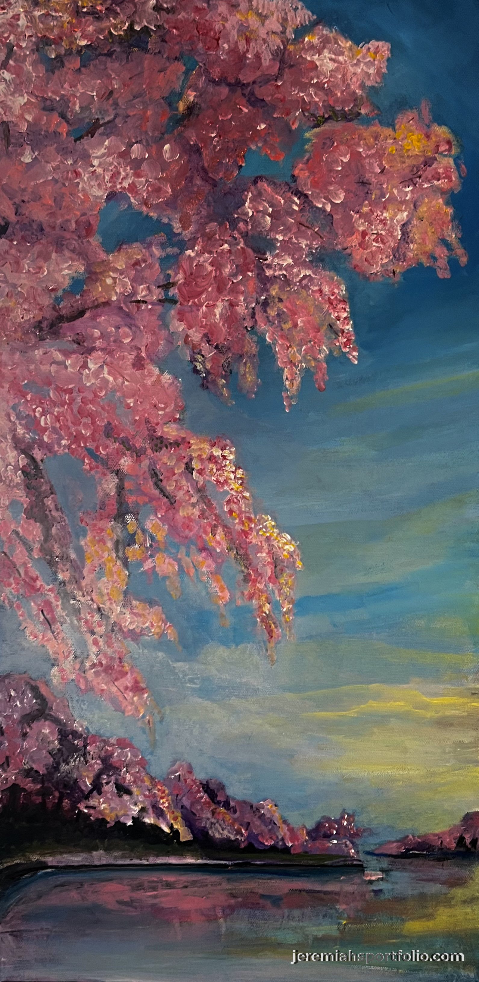 A vibrant painting of pink cherry blossom trees beside a body of water under a blue and green sunset or sunrise sky.