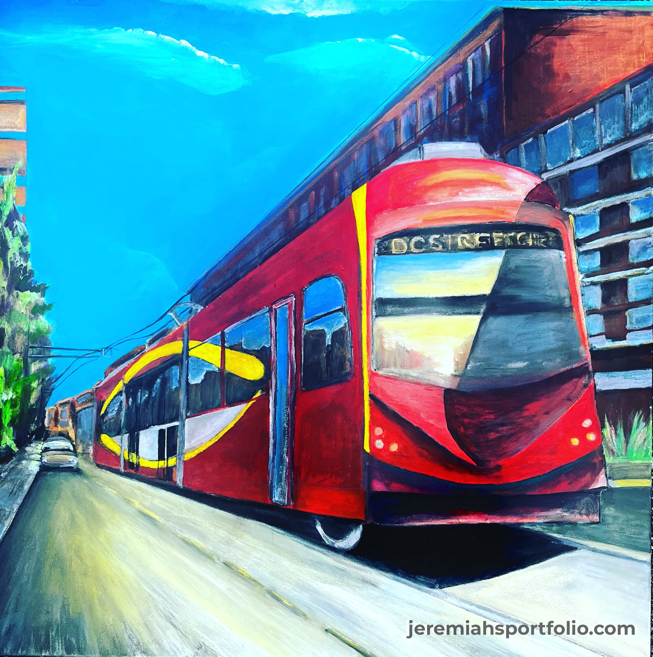 A colorful painting of a red double-decker bus driving through a city street with buildings and trees. The background features a bright blue sky with some clouds.