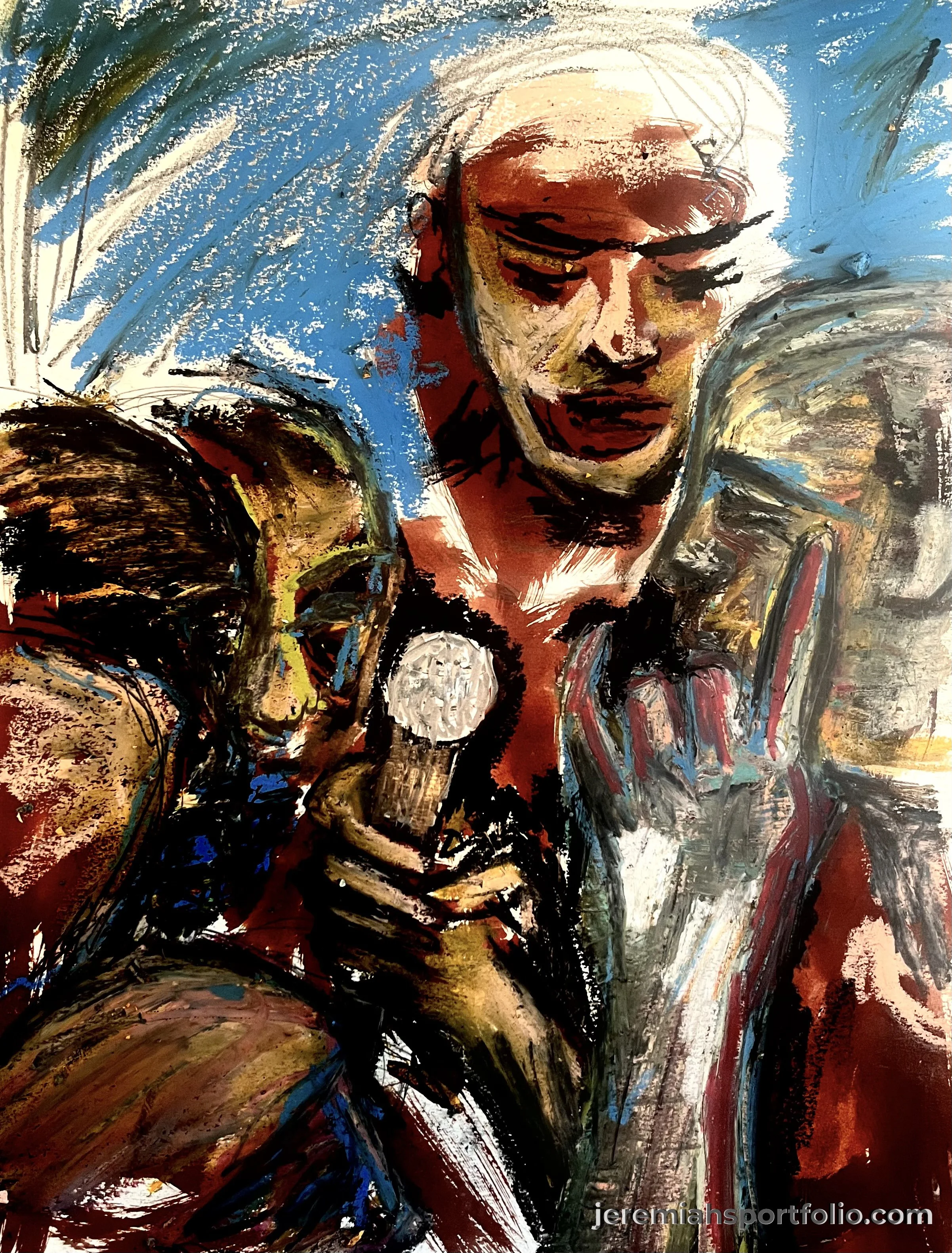 An abstract painting of a man with glasses, smiling, with vibrant and chaotic brushstrokes in various colors including blue, red, black, yellow, and white.