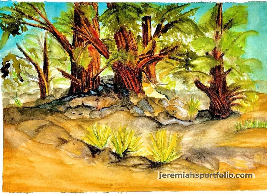 Watercolor painting of a desert landscape with a large tree, smaller plants, and rocks, with the website jeremiahssportfolio.com written at the bottom right corner.