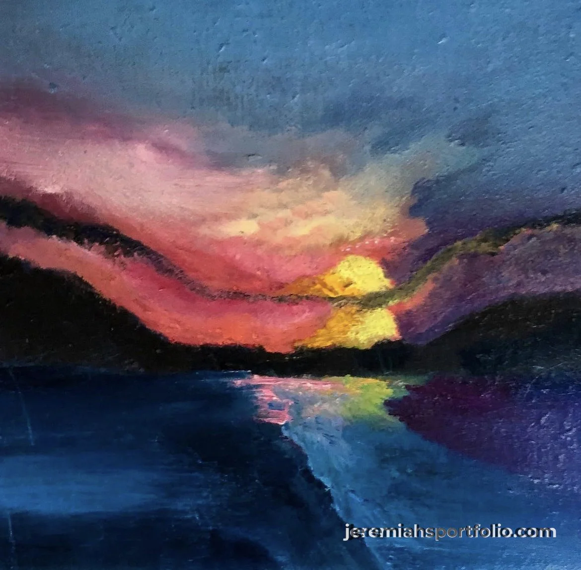 Colorful landscape painting of a sunset over a body of water with mountains in the background.