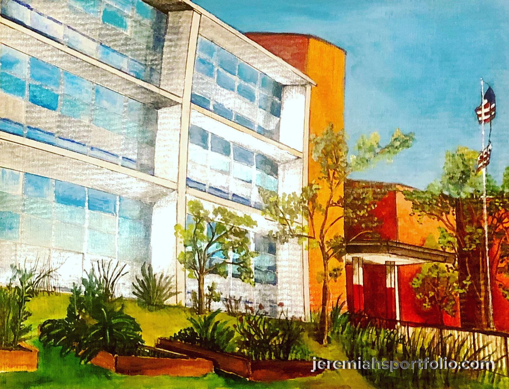 An artistic illustration of modern glass buildings with trees and plants in the foreground, and flags on poles in the background.
