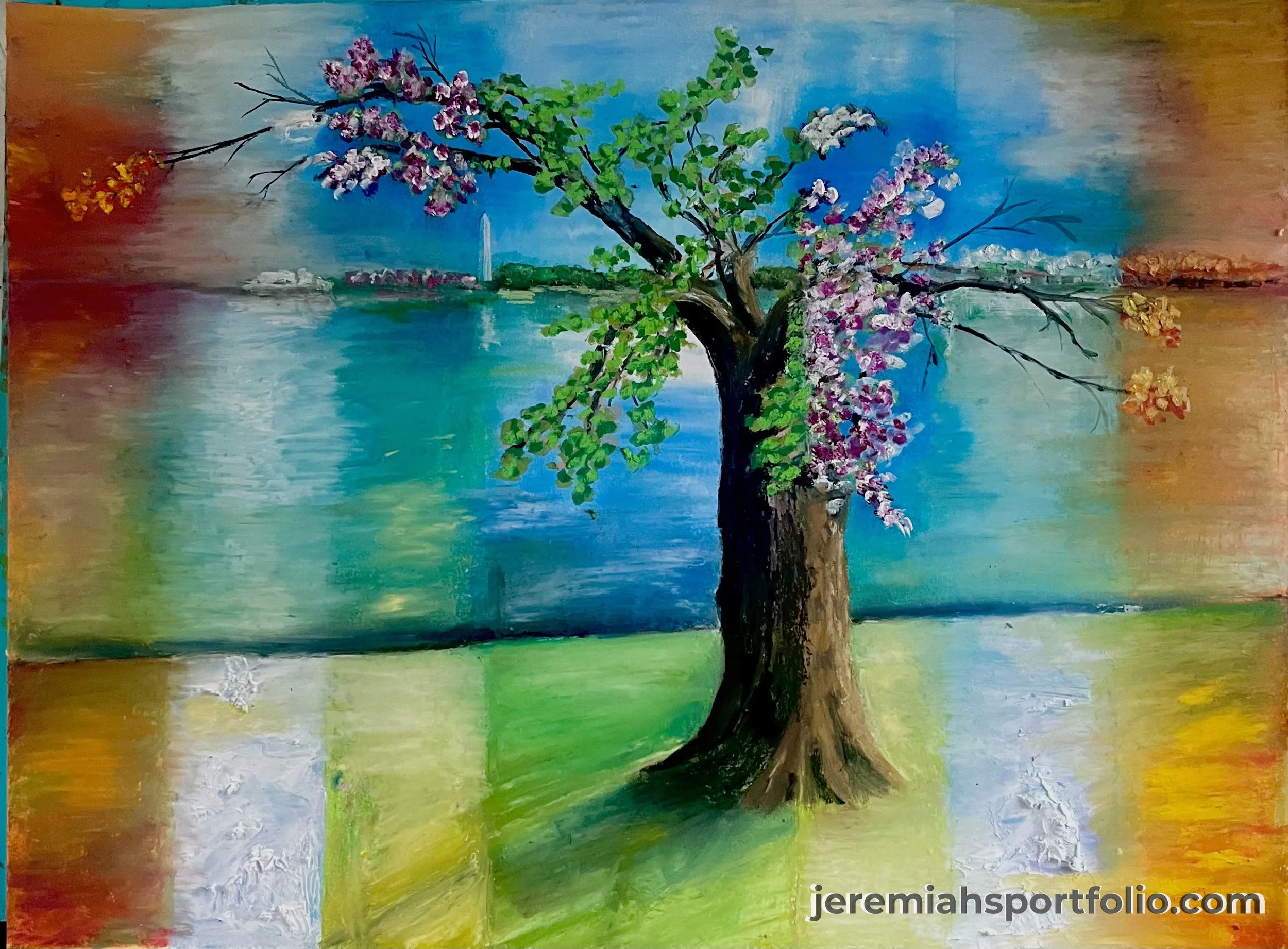 A colorful painting of a blossoming tree by a river with the Washington Monument in the background, using vibrant and expressive brushstrokes.