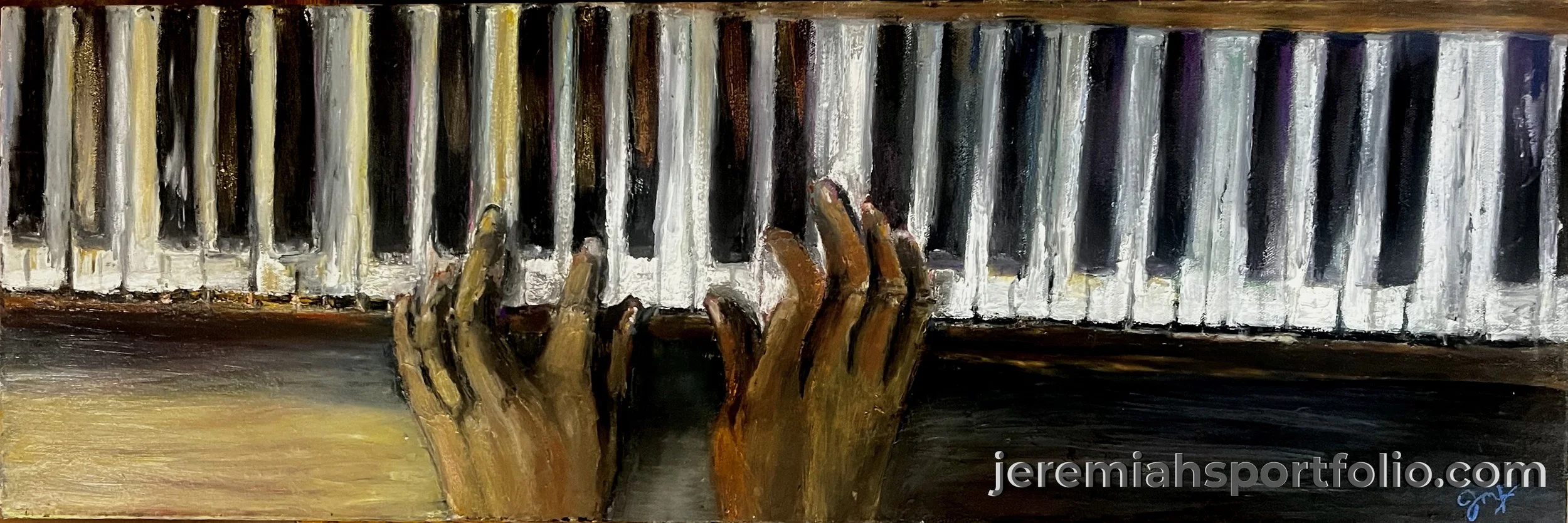 A painted artwork of a hand reaching towards piano keys. The painting features dark and brown tones with the piano keys depicted in white and black. The artist's signature is visible in the bottom right corner.