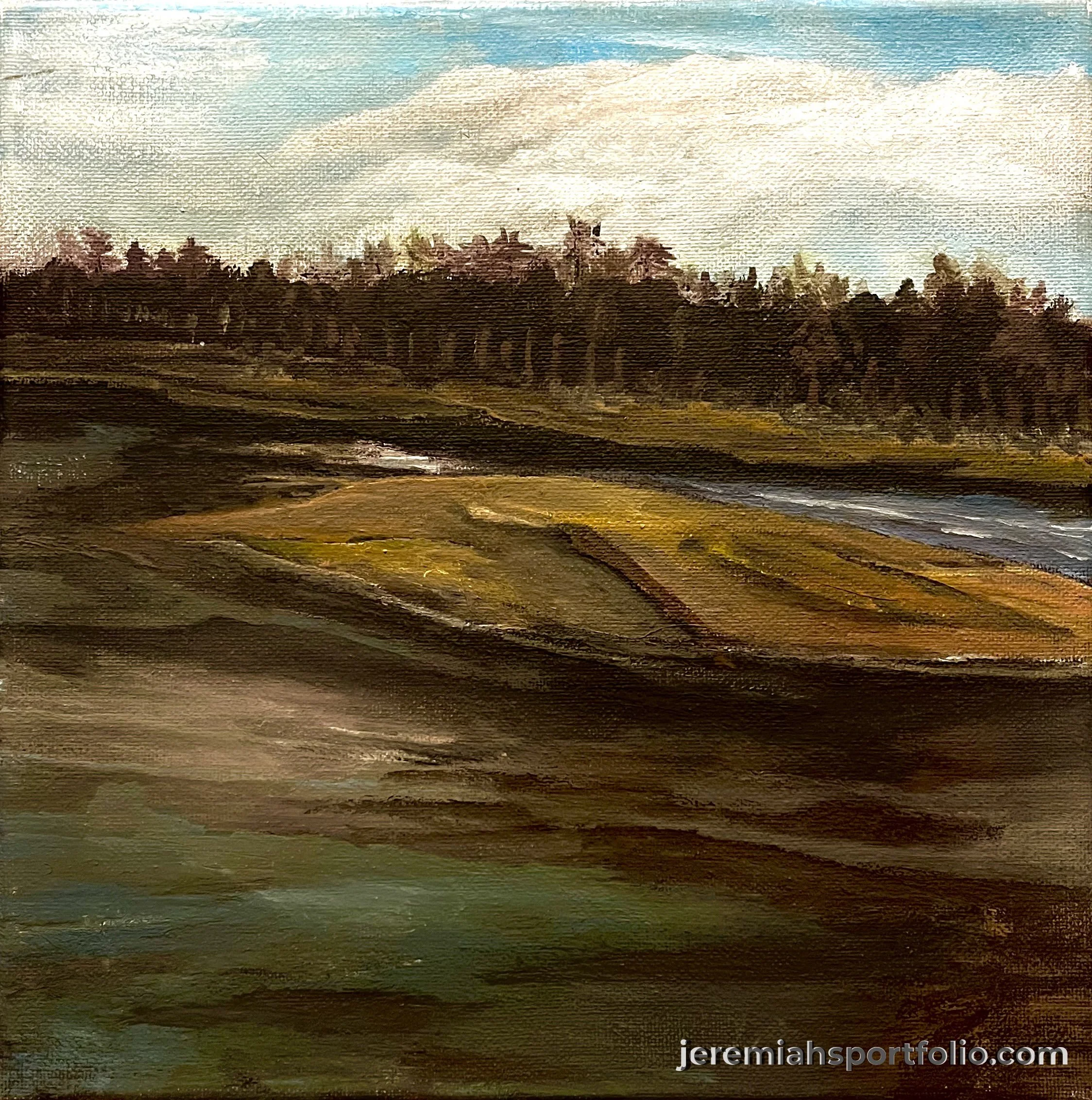 An abstract landscape painting with layered brushstrokes in blue, brown, green, and beige hues, creating a textured scene of a horizon with clouds and land.