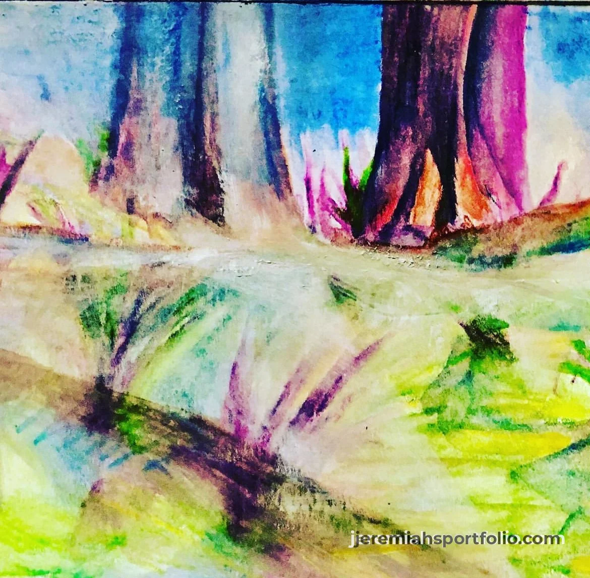 An abstract watercolor painting of a forest scene with large trees, colorful foliage, and a pathway. Bright and soft pastel colors, with a focus on purples, greens, and blues.