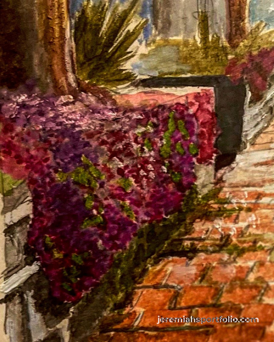 Painting of a flower bed with pink and purple flowers, a brick path, green plants, and a section of a brick wall to the right.