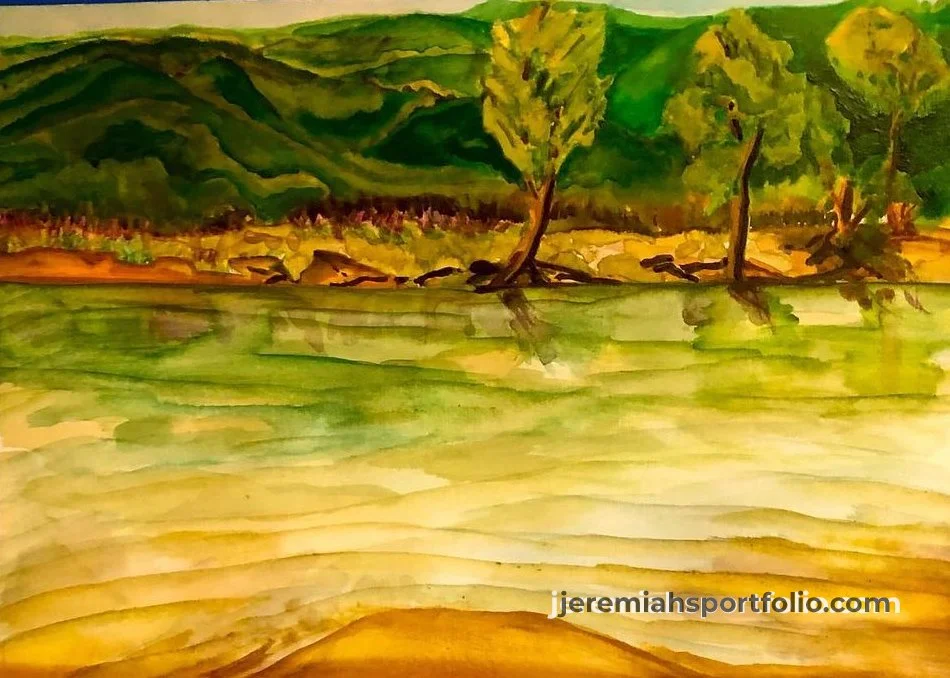 Watercolor painting of a landscape with green rolling hills, trees along a shoreline, and a body of water in the foreground.