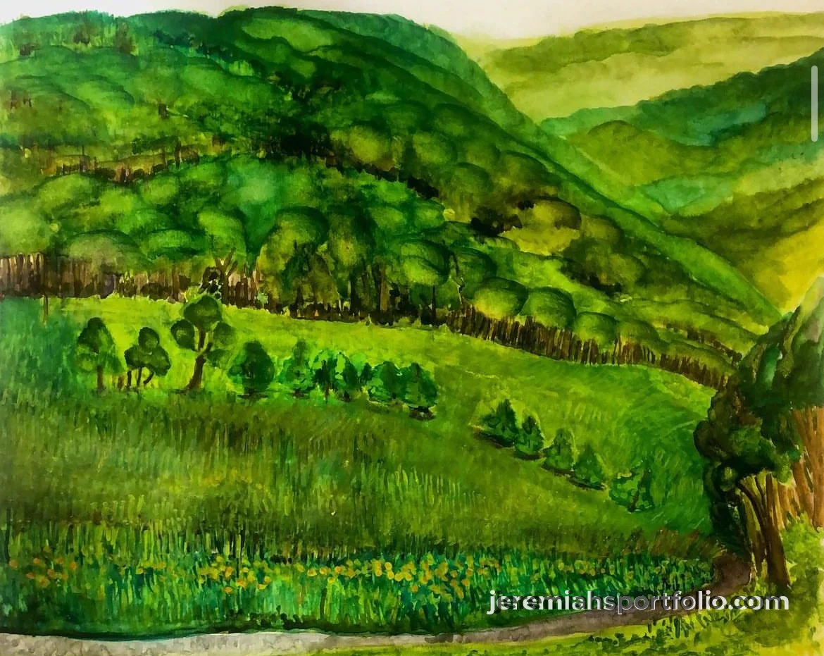 A vibrant watercolor painting of rolling green hills and lush trees under a soft sky.