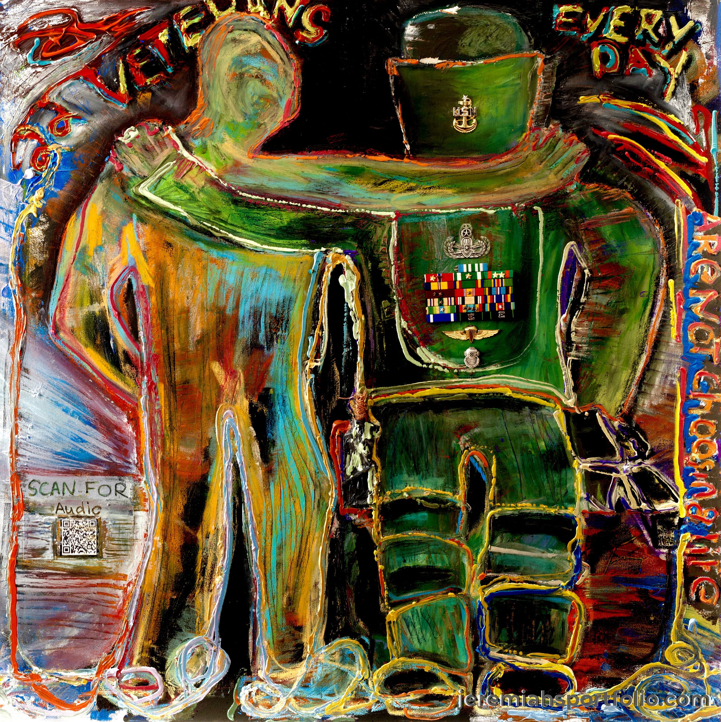 Colorful abstract painting of military medals, ribbons, and decorations with vibrant, expressive brushstrokes.
