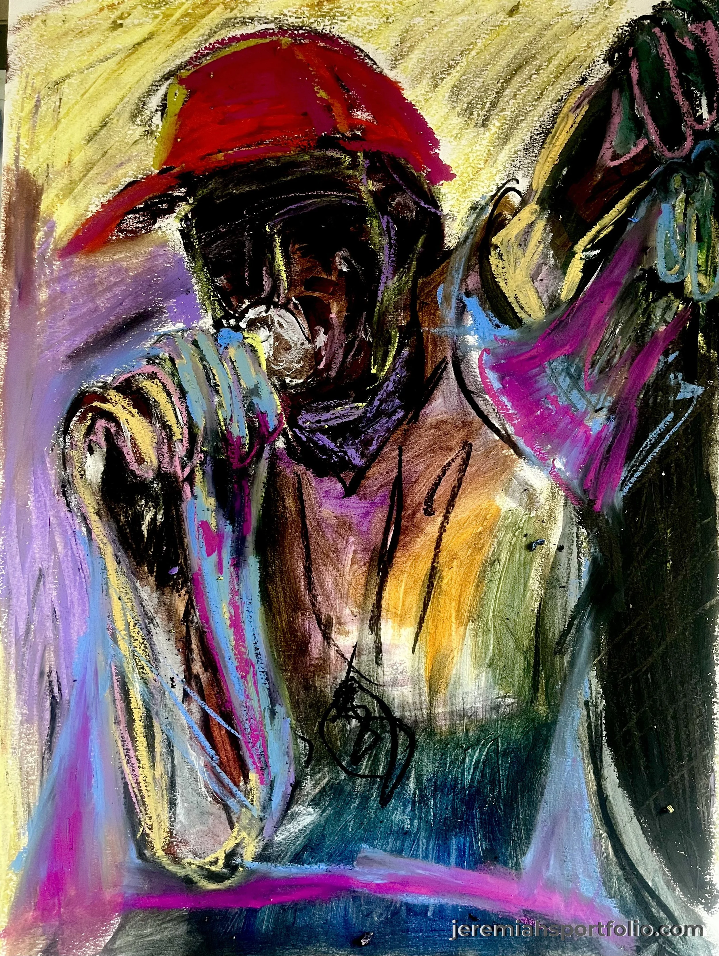 Abstract expressional painting of a person with a dark face, possibly smiling, wearing a red hat, and surrounded by vibrant colors including purple, yellow, pink, and black.