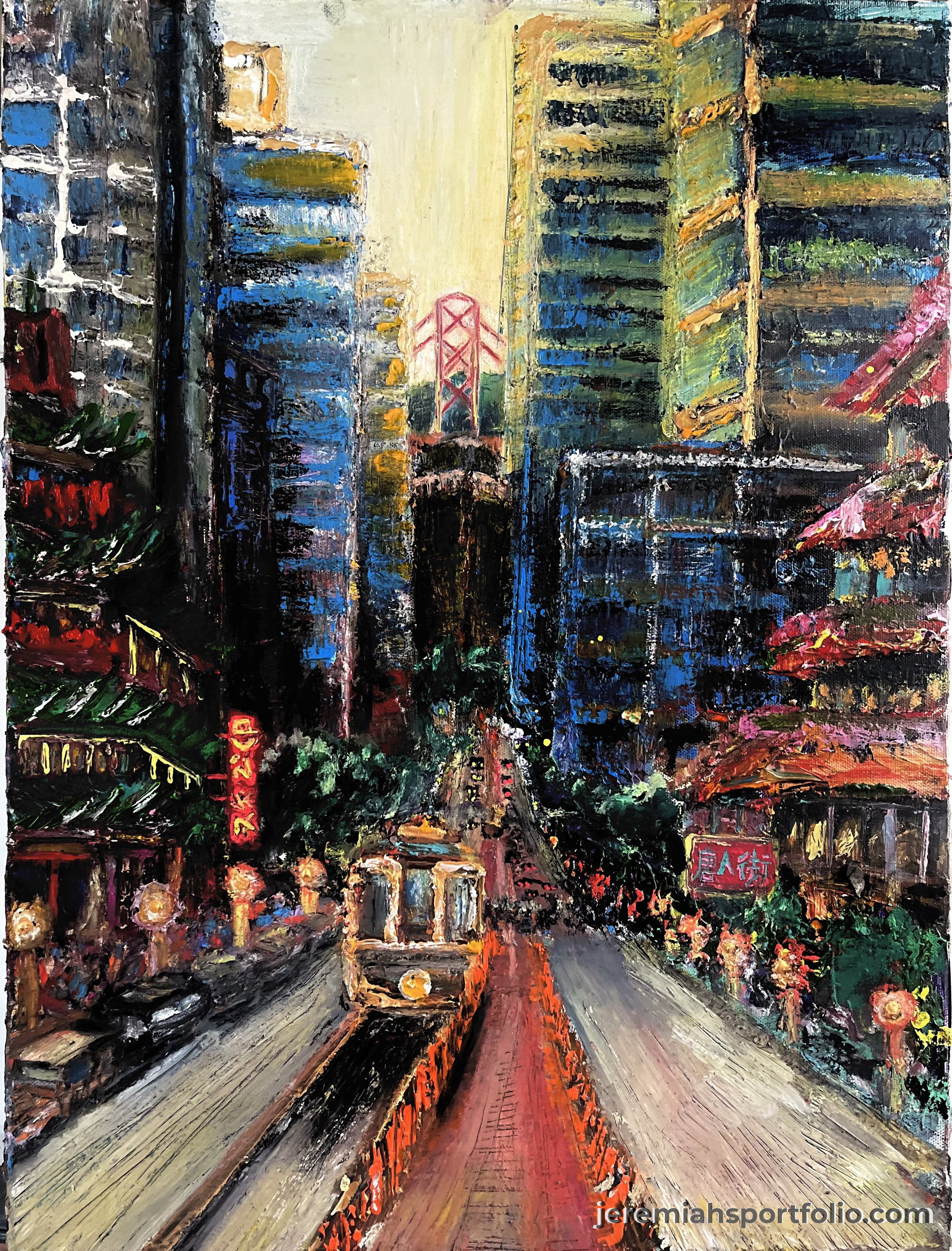 A vibrant city street scene painted in an impressionistic style, showing tall buildings, a red bridge, ferris wheel, and busy crowd, with colorful lights and signs, depicting a lively urban atmosphere at dusk or night.