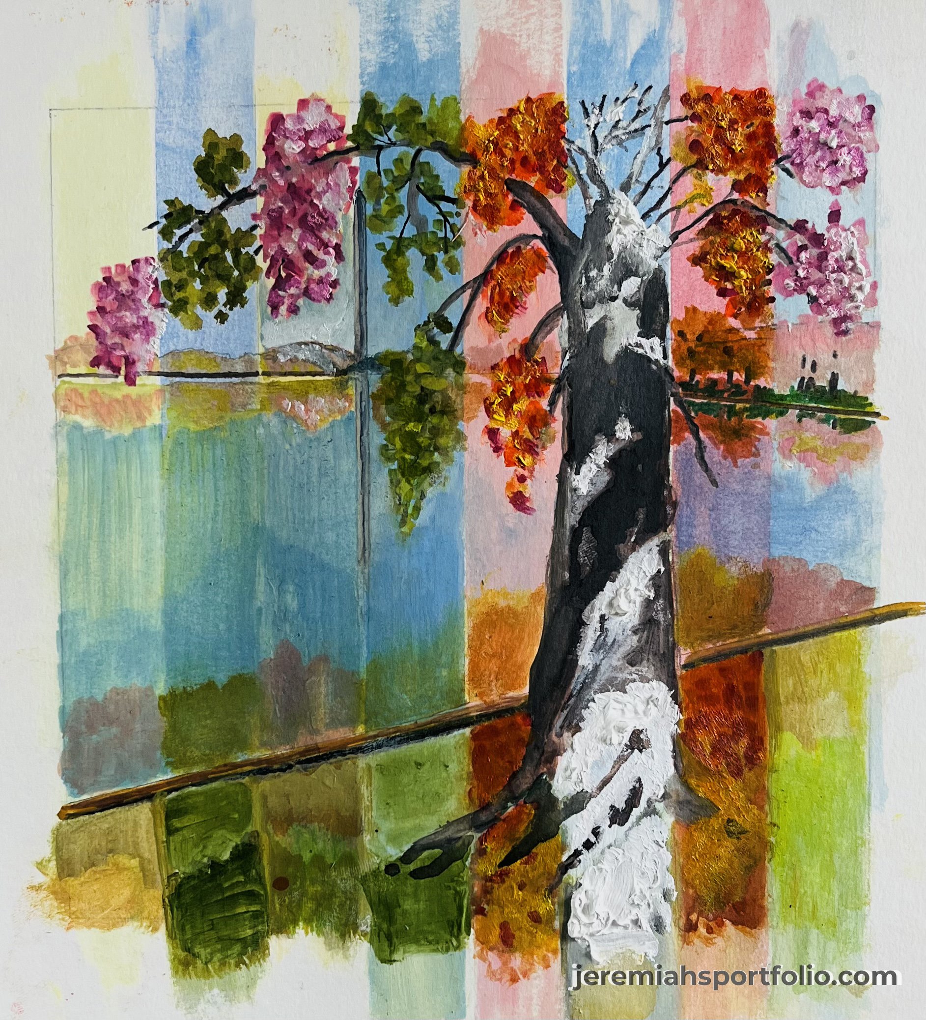 A colorful impressionist-style painting of a tree with pink, orange, and green blossoming flowers, set against a background of soft pastel-colored panels and a landscape with a body of water, trees, and a sky. The artist's website, jeremiahsportfolio