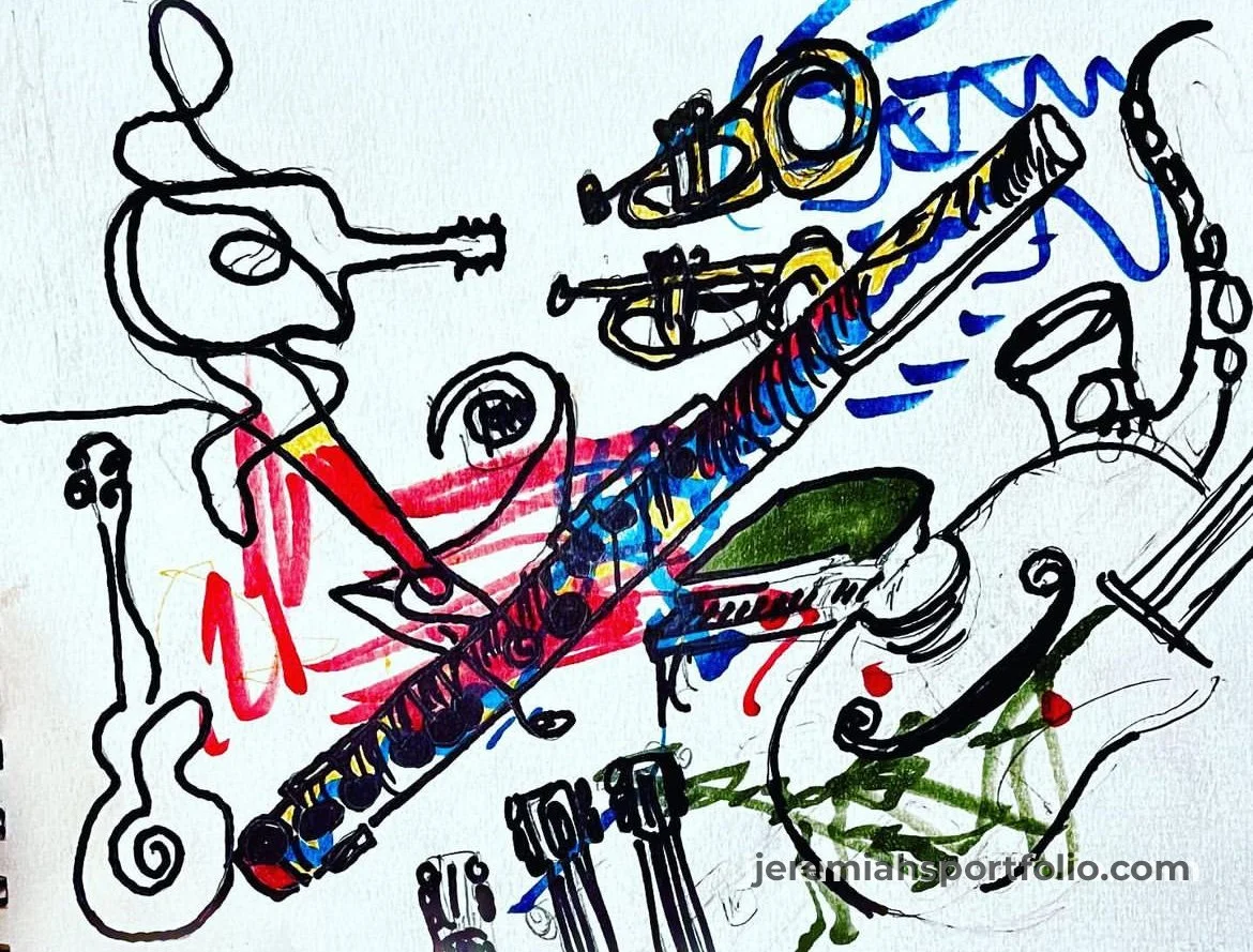 Colorful abstract drawing of musical instruments, including a guitar, trumpet, clarinet, violin, and drum, with additional colorful lines and shapes.