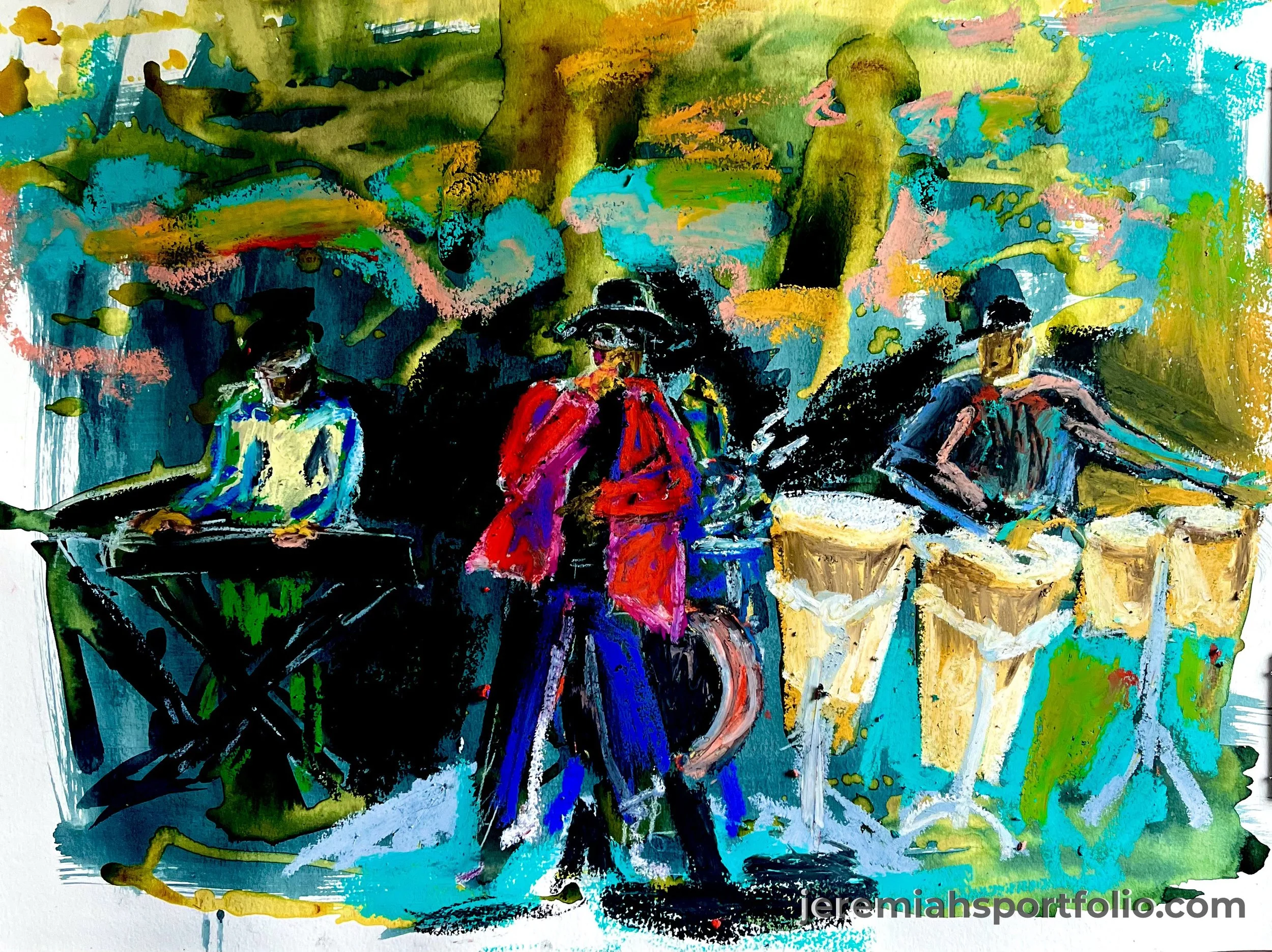 Abstract colorful landscape painting with green, blue, yellow, pink, black, and red brush strokes, featuring three people with backpacks and palms in the background.