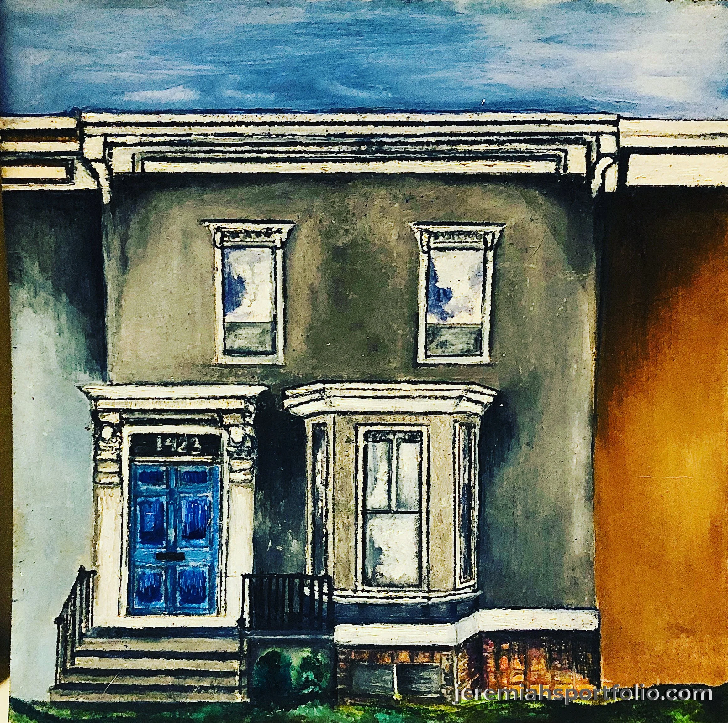 A painting of a house facade with a blue door, large windows, and a yellow-brown exterior wall, with a clear sky above.