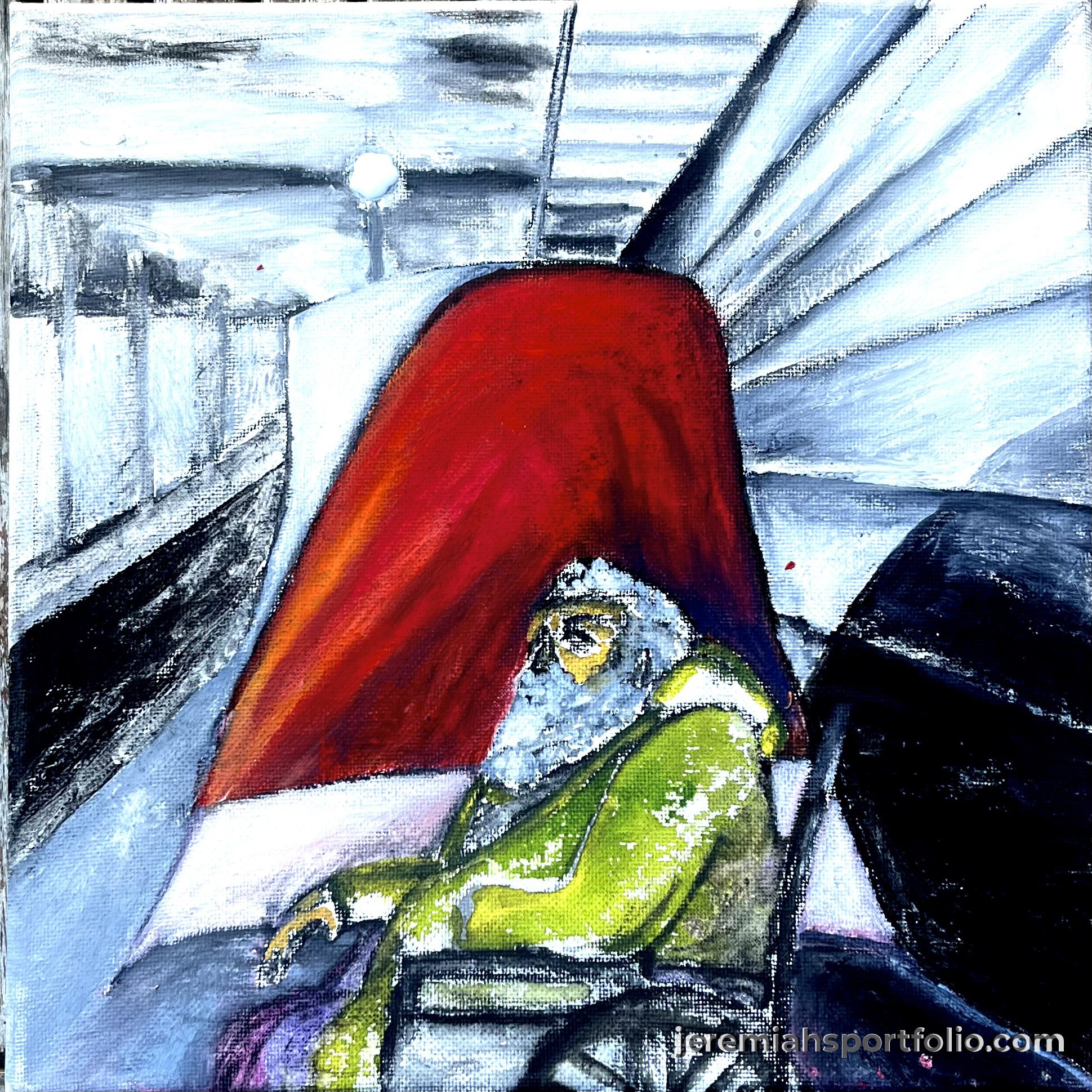 Abstract painting with a red shape resembling a person, with green, purple, yellow, black, and white colors around it.