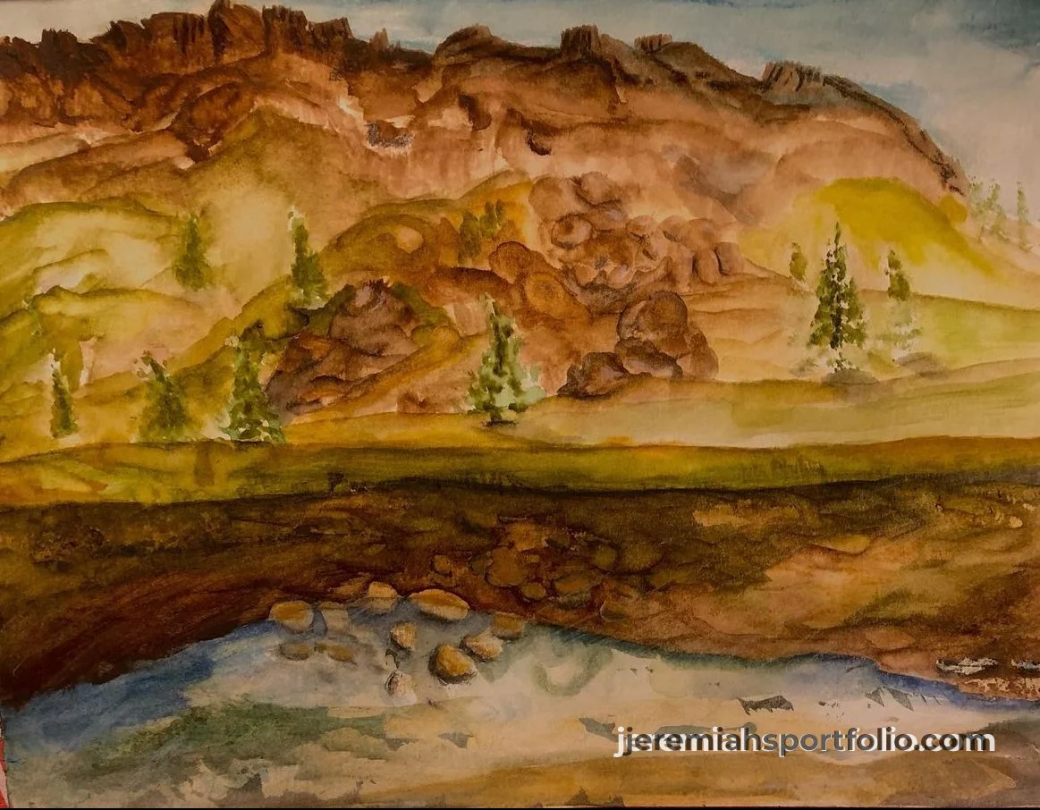 Watercolor painting of a mountain landscape with rocky hills, trees, grassy fields, and a small stream in the foreground.