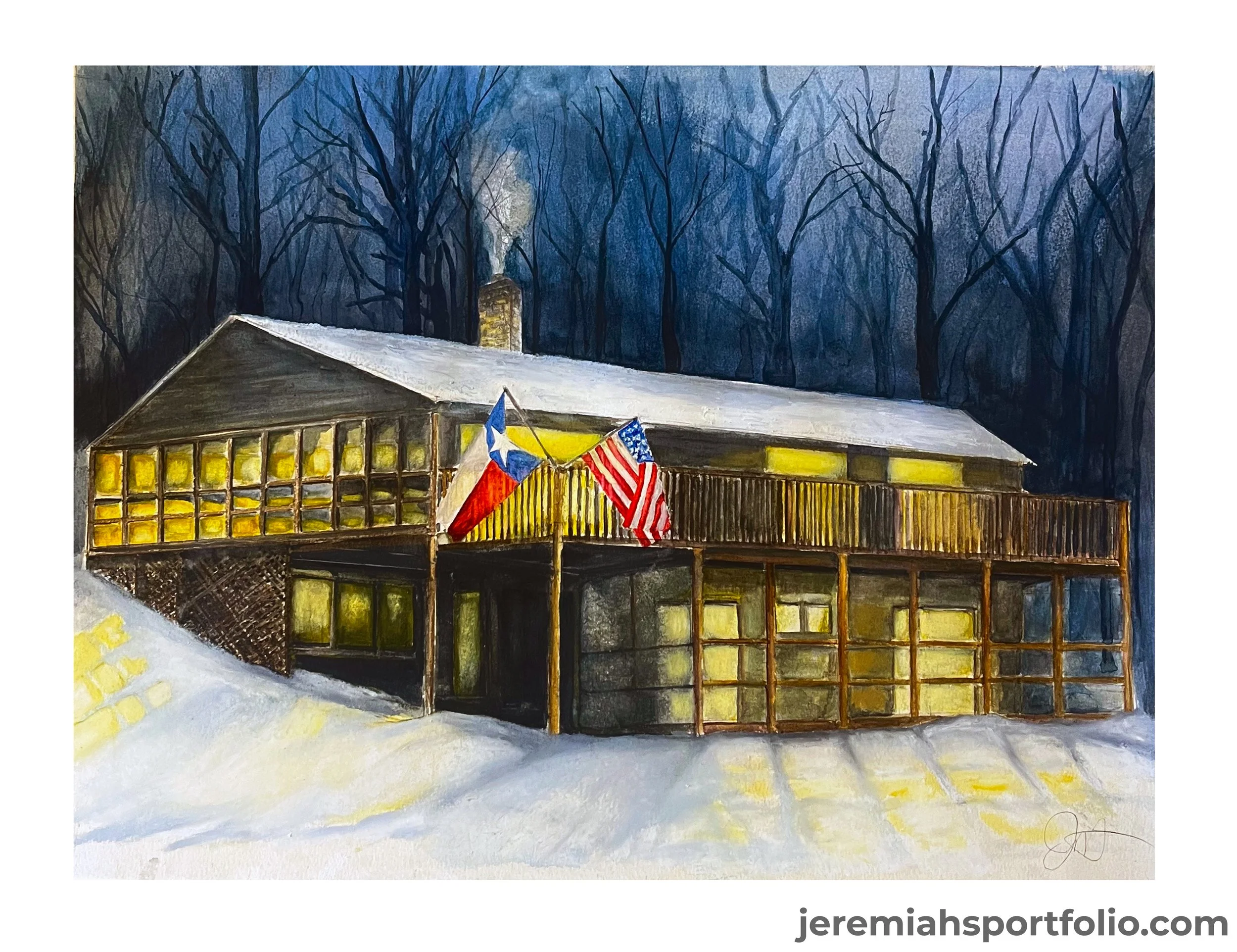A painting of a house between leafless trees in the winter, with colorful flags hanging outside and snow on the roof and ground.