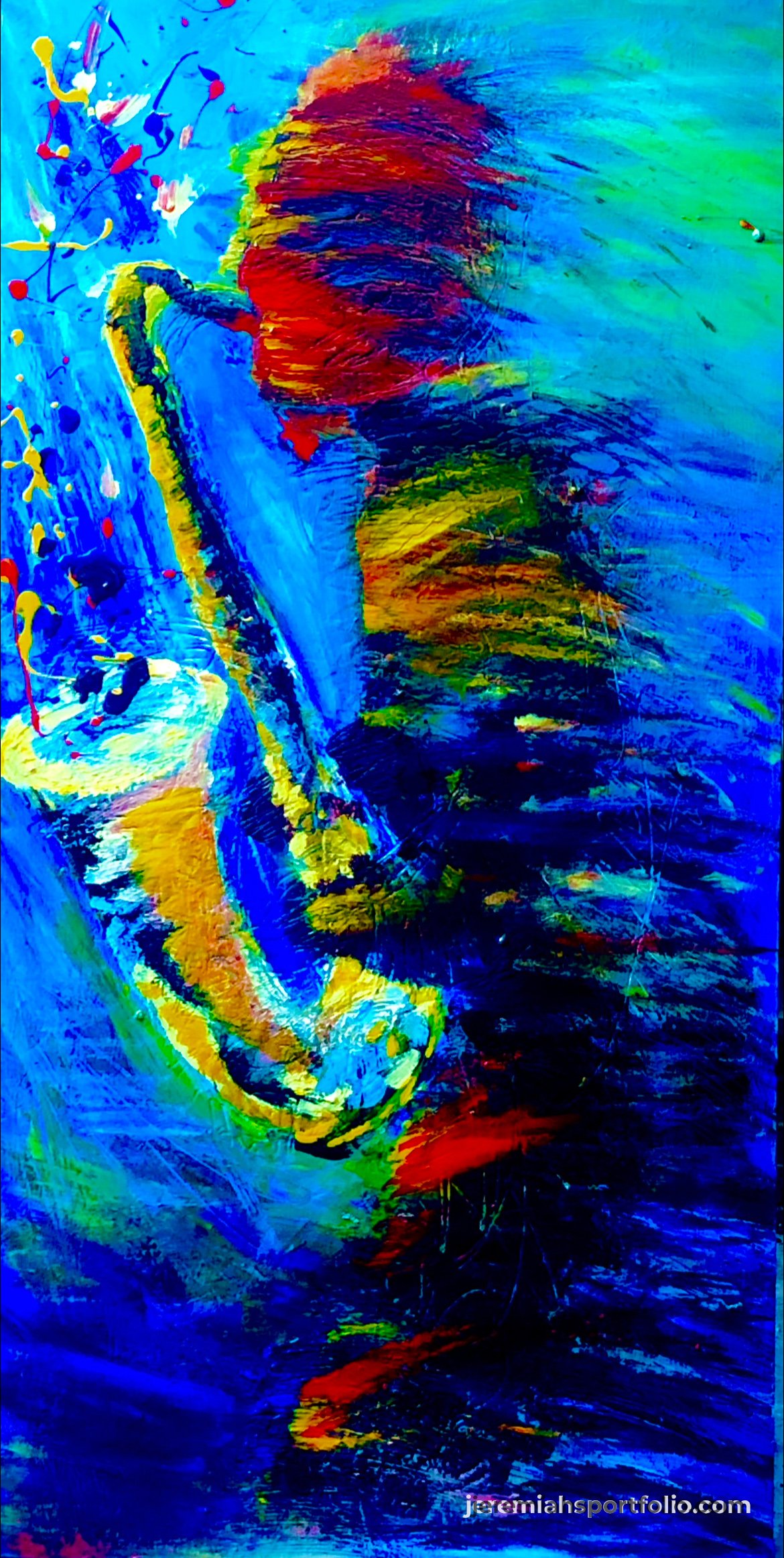 A colorful, abstract painting of a swimmer diving into water, with vibrant splashes of blue, yellow, red, and green.