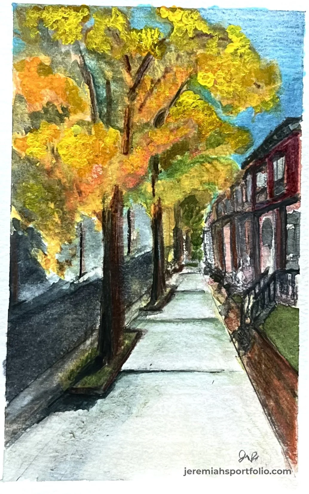Watercolor painting of a city sidewalk lined with trees with yellow and orange leaves, brown brick buildings with porches on the right, and a black fence along the sidewalk. The sky is blue.
