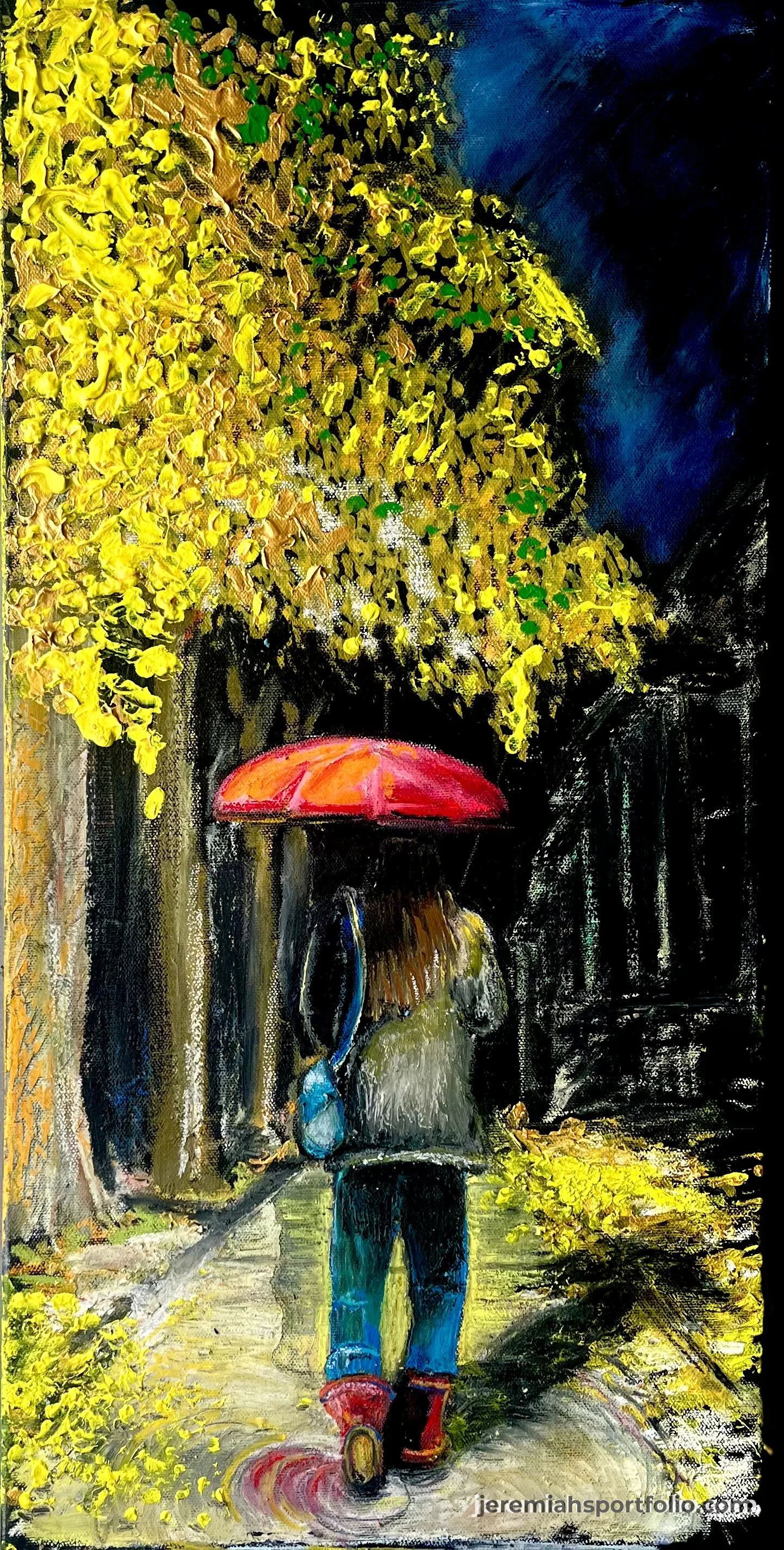 A painting of a person walking on a sidewalk with yellow trees and leaves, holding a red umbrella, wearing red shoes, blue jeans, and a brown coat, with a blue bag hanging from their shoulder.