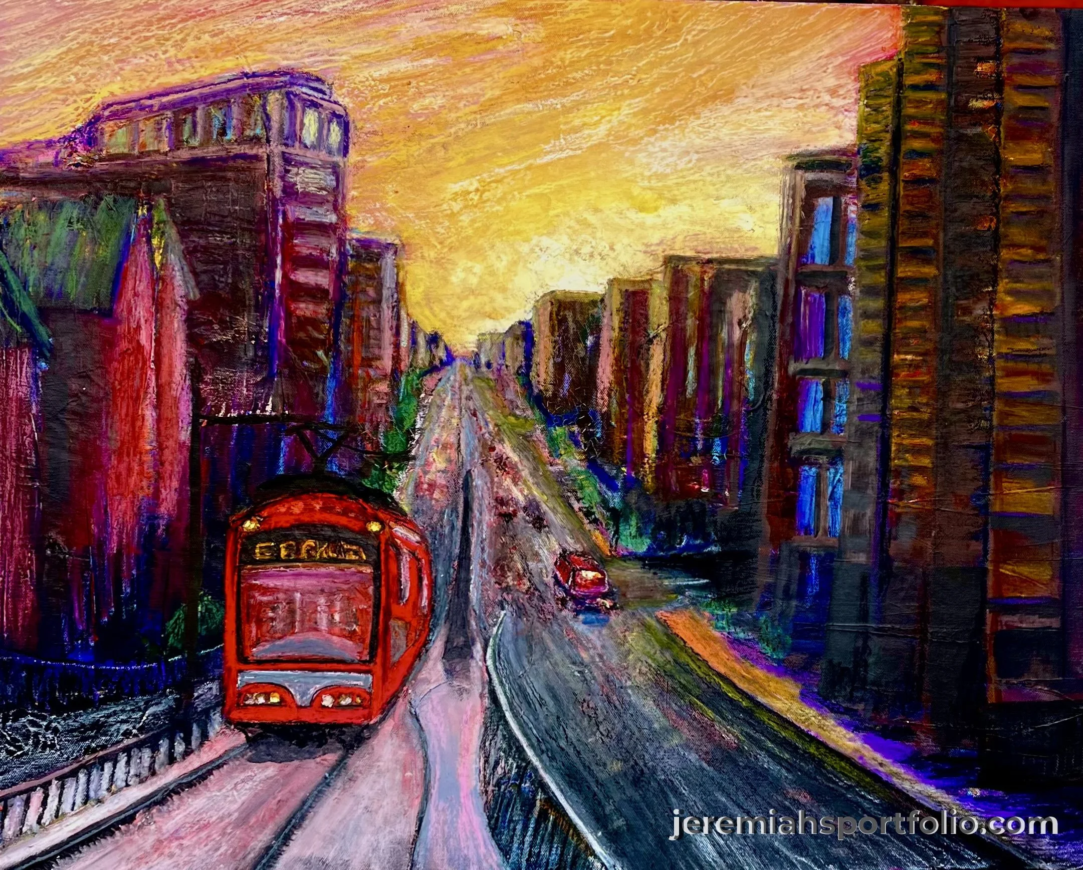 An abstract painting of a city street at sunset with a red double-decker bus in the foreground, colorful buildings on both sides, and a vibrant yellow sky.