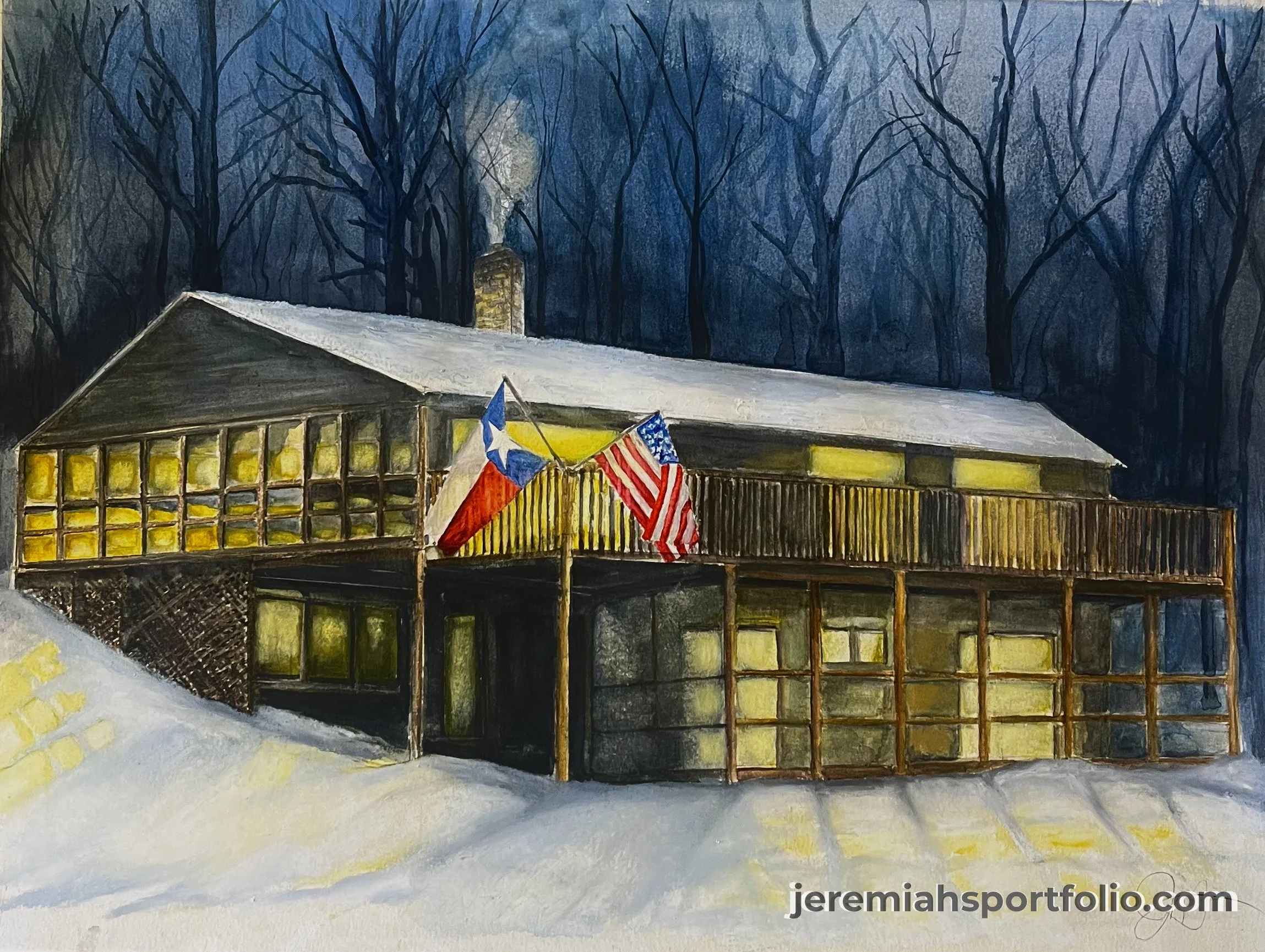 A painting of a house with a snow-covered roof and large windows, set against a backdrop of leafless trees with a dark blue sky, festive flags hanging on the house, and snow on the ground.