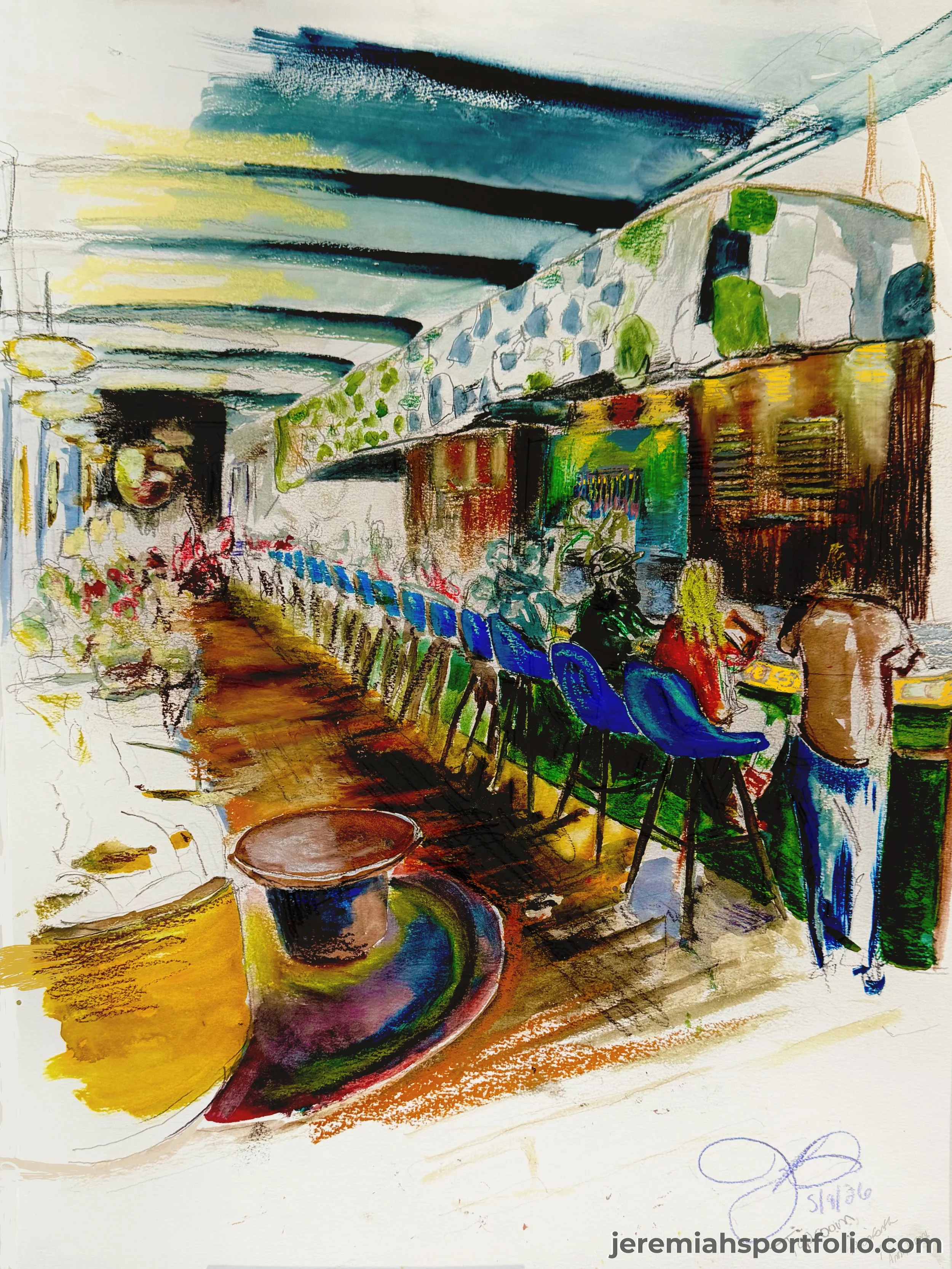 A colorful watercolor painting depicts an indoor seating area with a row of blue chairs along a brown table. A large window or mirror, a green potted plant on a shelf, and some decorative elements are visible in the background. The image has a vibran