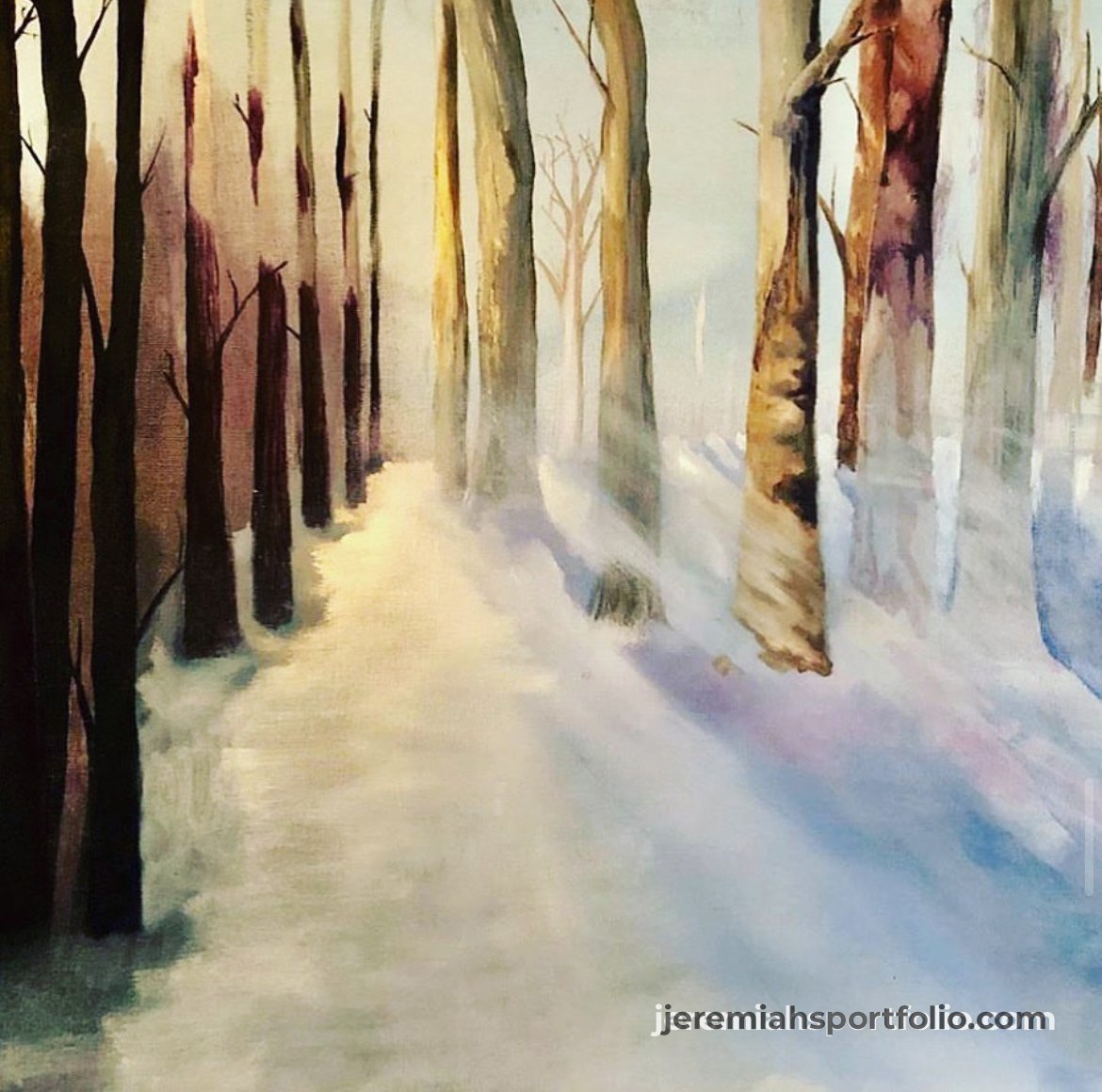 Watercolor painting of a forest with tall trees and snow on the ground, with sunlight streaming through the trees.