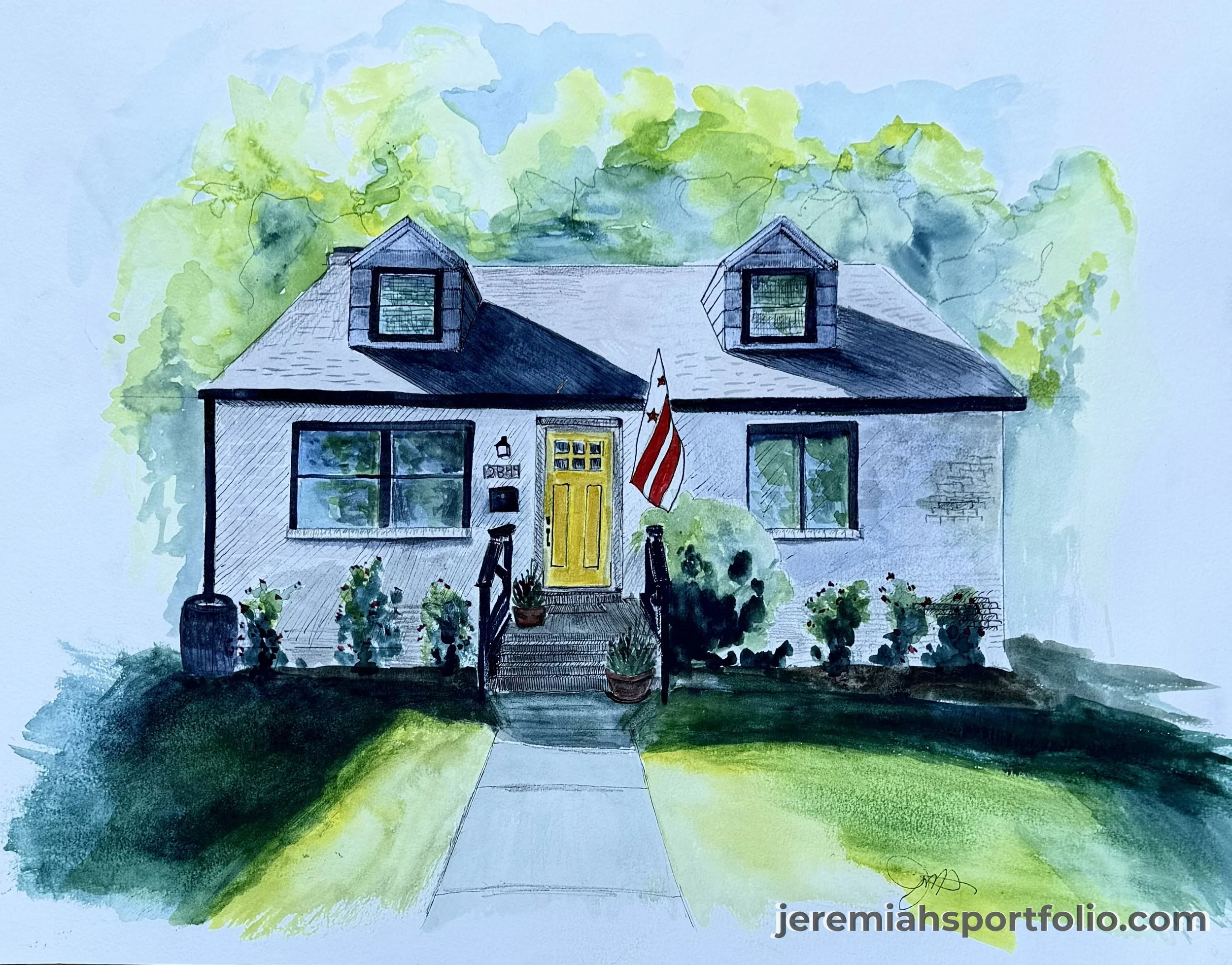 A watercolor painting of a house with a yellow door, two dormer windows on the roof, an American flag hanging outside, surrounded by green grass, potted plants, and trees in the background.