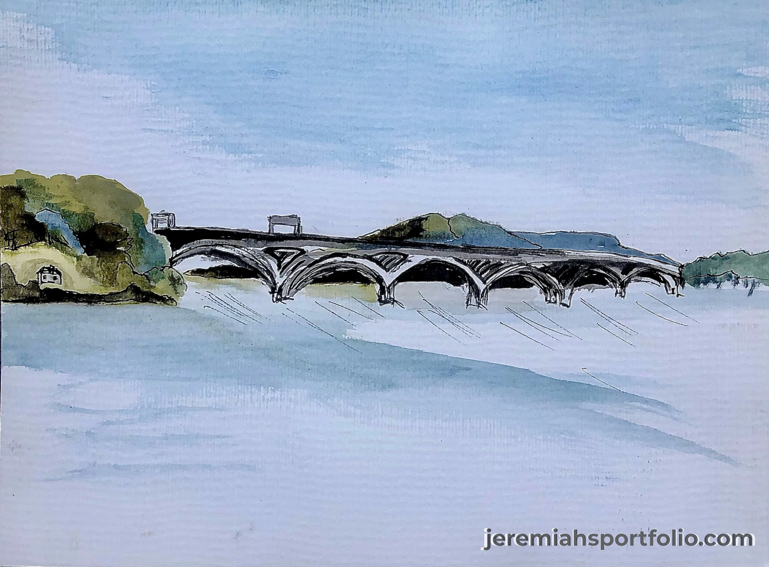 Watercolor painting of a large bridge over a body of water with hills and a clear sky in the background.