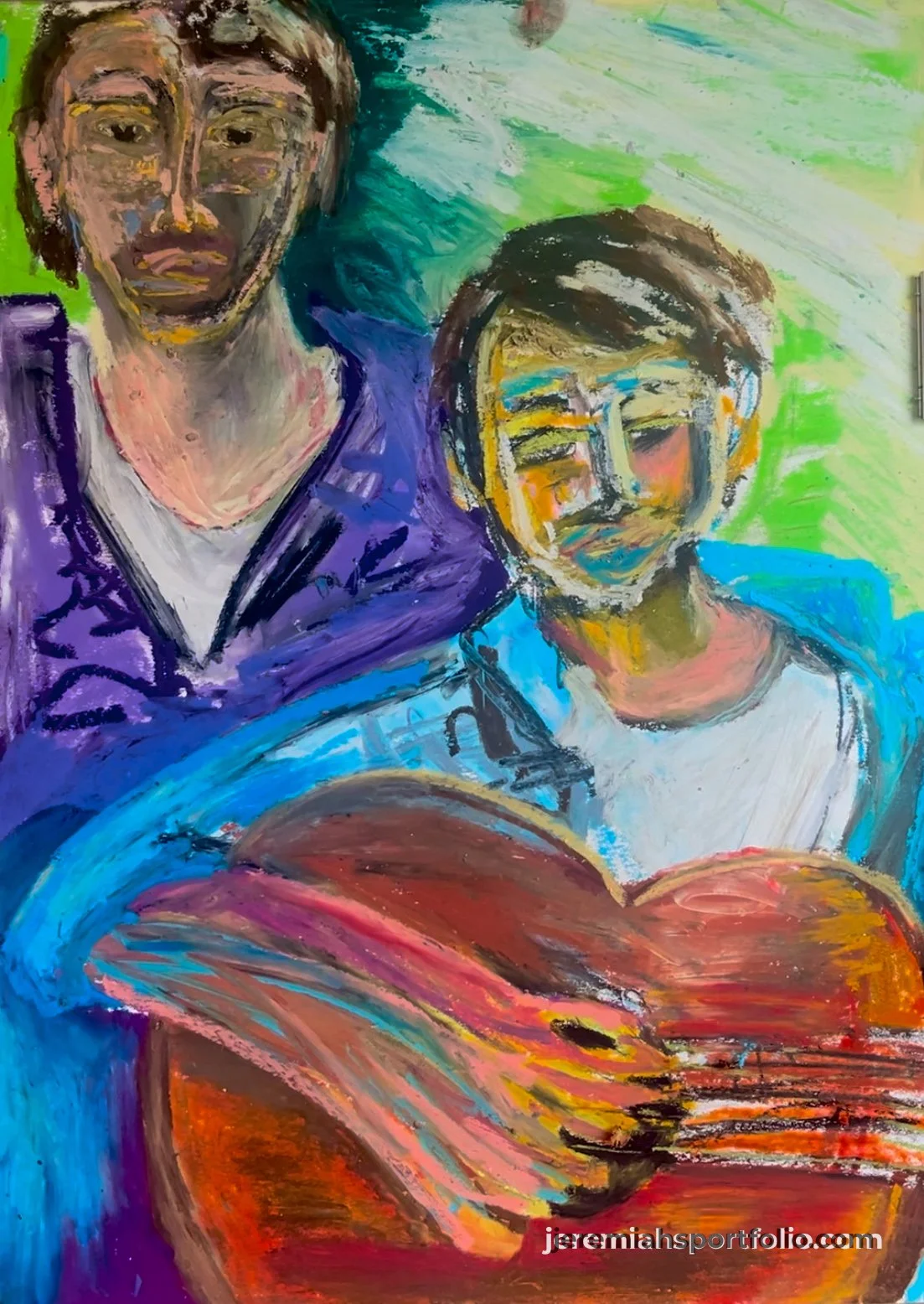 Bright abstract painting of two smiling boys, one wearing a purple jacket and the other in a blue shirt, with a guitar on a vibrant green background.