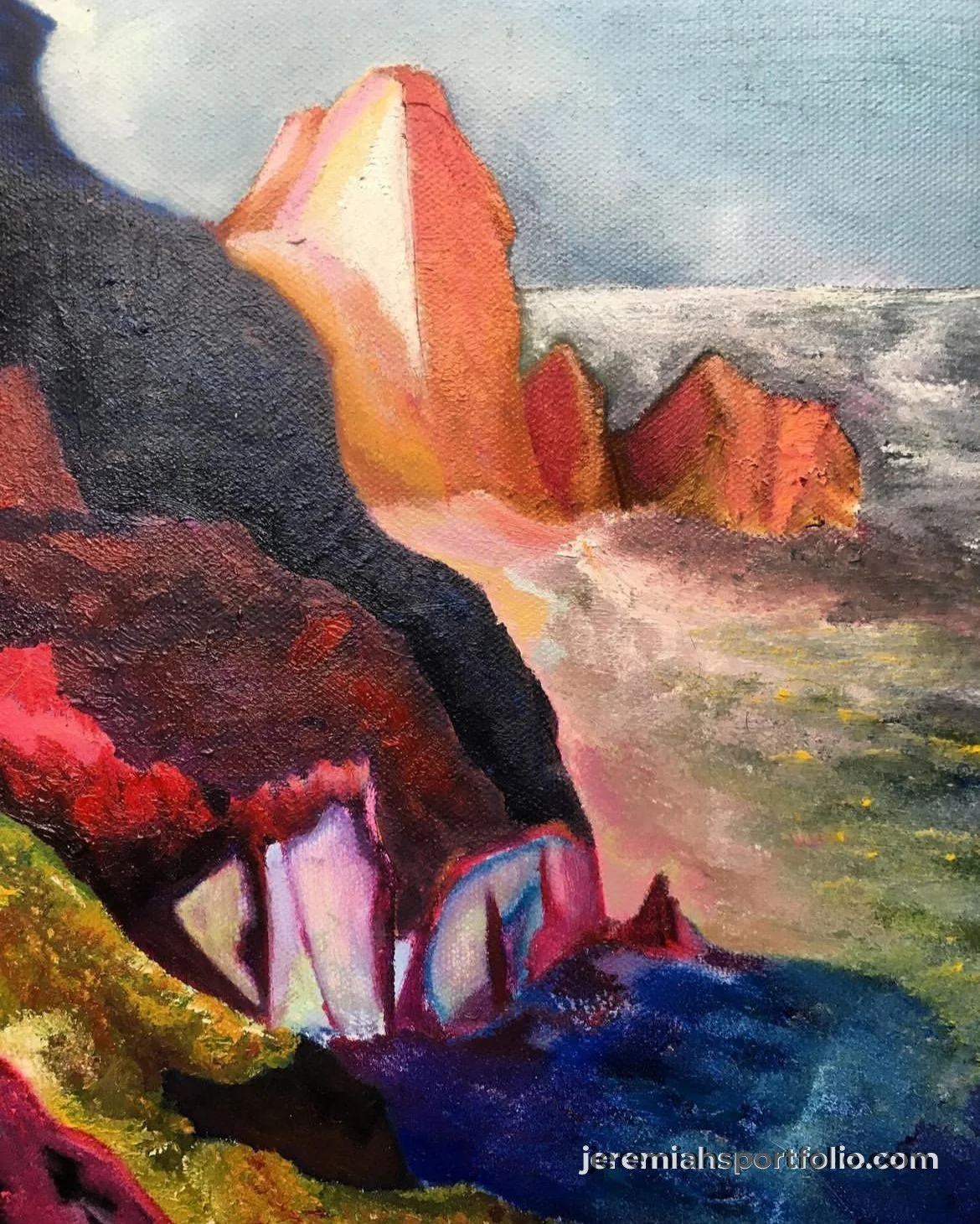 A colorful painting of a coastal landscape featuring dramatic red cliffs, a beach with water, and a cloudy sky.