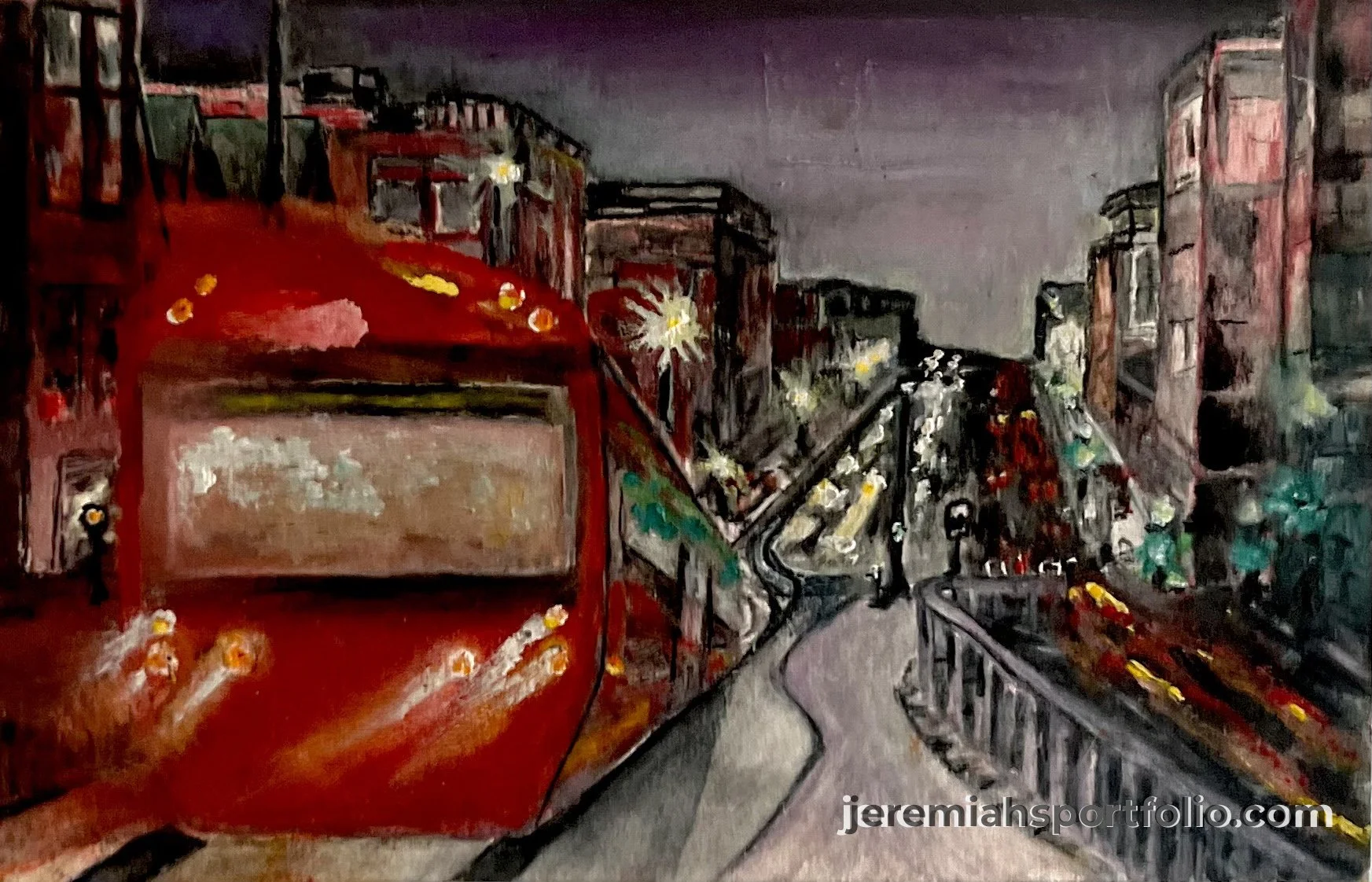 A painting of a city street with red double-decker buses, buildings, and a bridge, depicted in an impressionistic style with bold brushstrokes and vibrant colors.