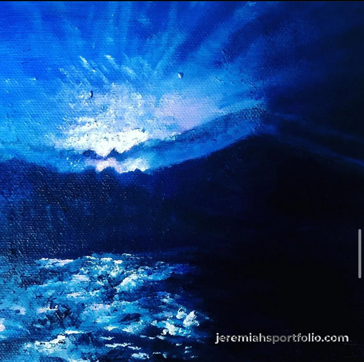 An abstract painting of a large ocean wave, with shades of blue and white, depicted with textured brushstrokes.