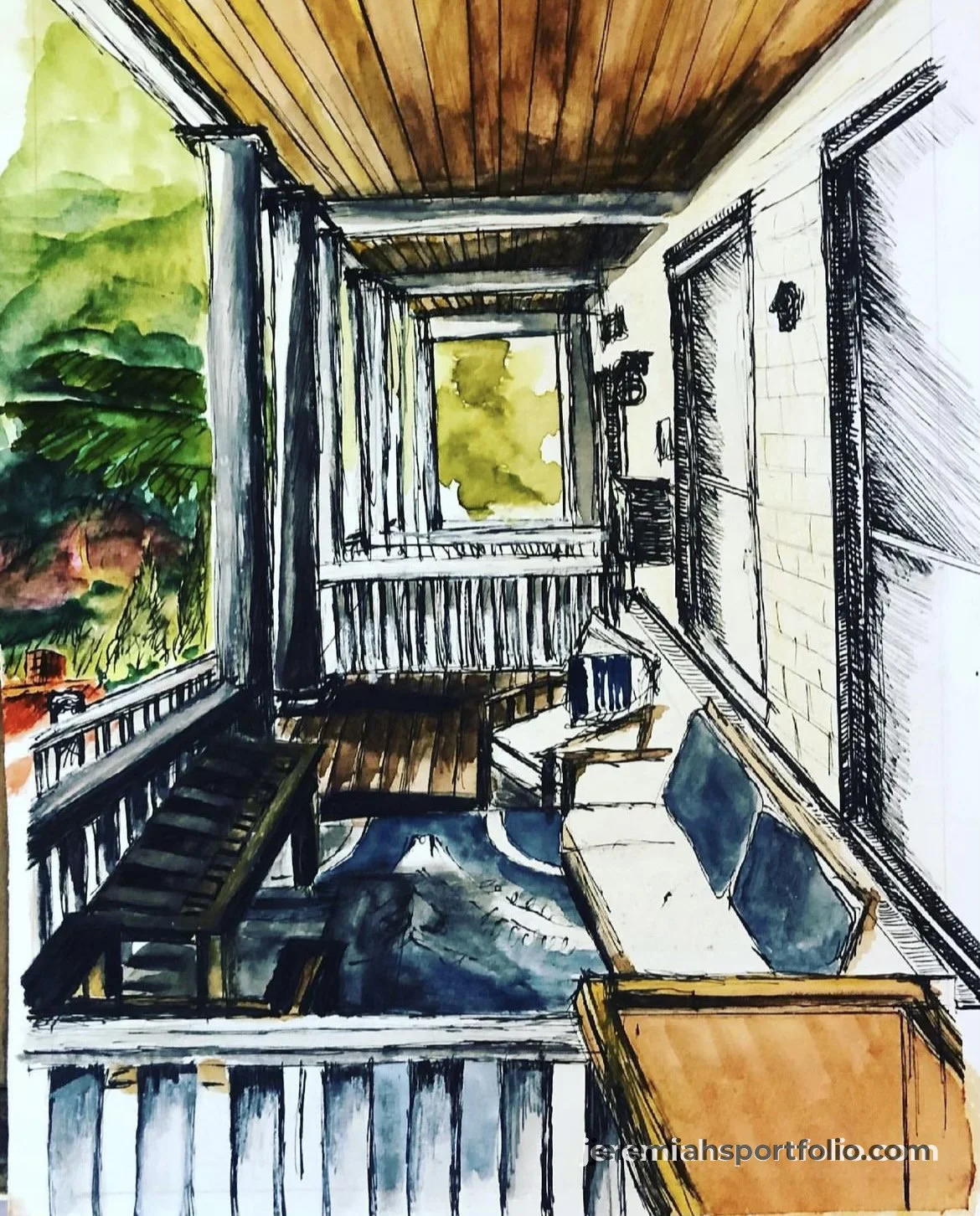 A watercolor painting of a cozy porch with wooden floors and ceiling, a view through the railing showing lush green trees outside, and outdoor furniture including a bench, a small table, and chairs.
