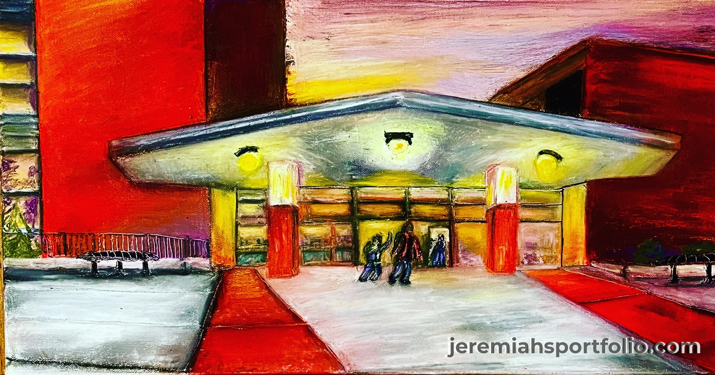 Painting of a modern building's entrance with red walls, a sloped roof with lights, and a few people walking near the entrance, set against a colorful sky.