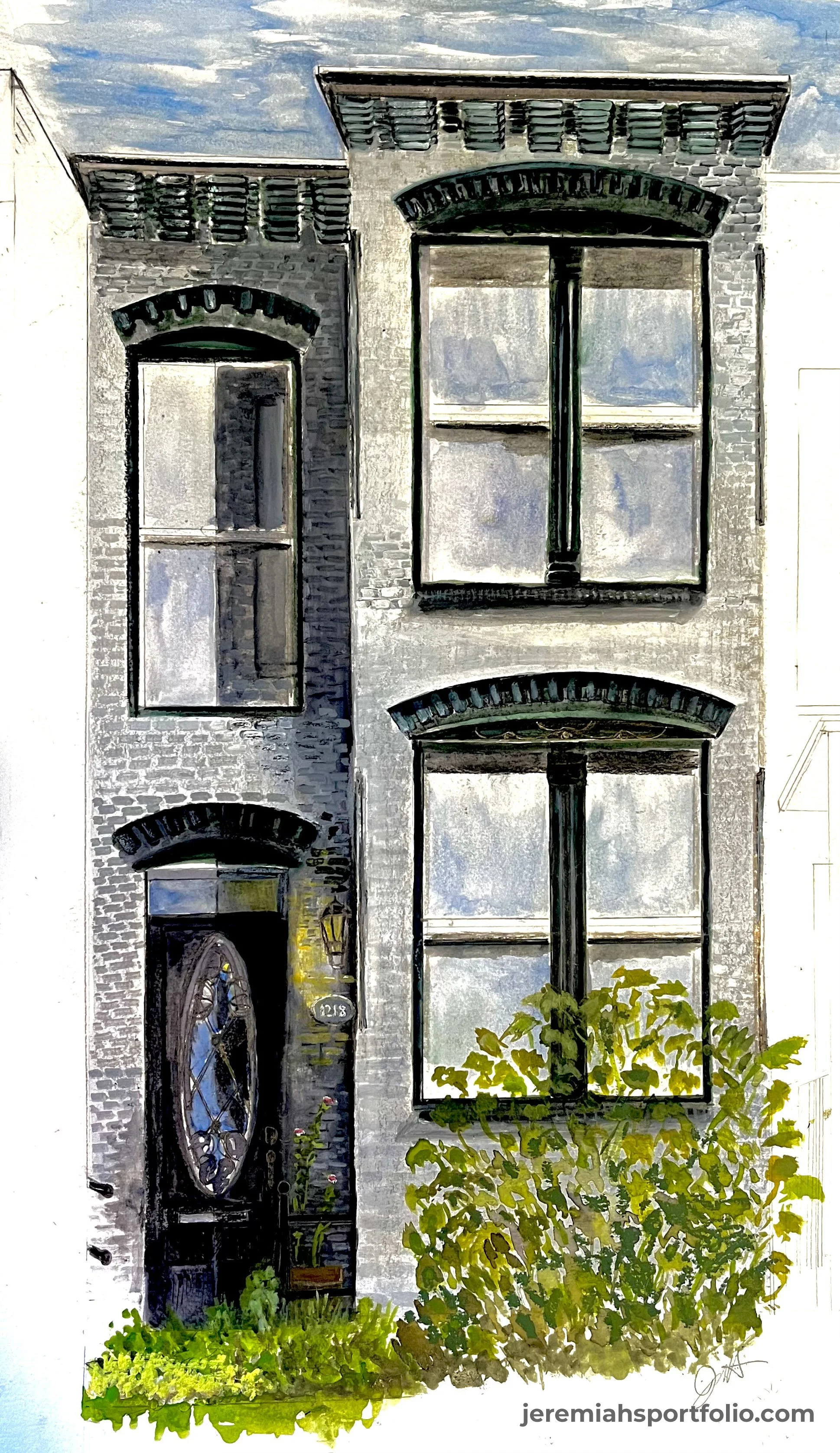 Watercolor painting of a gray brick townhouse with three windows and a black front door, surrounded by greenery and a small lawn.